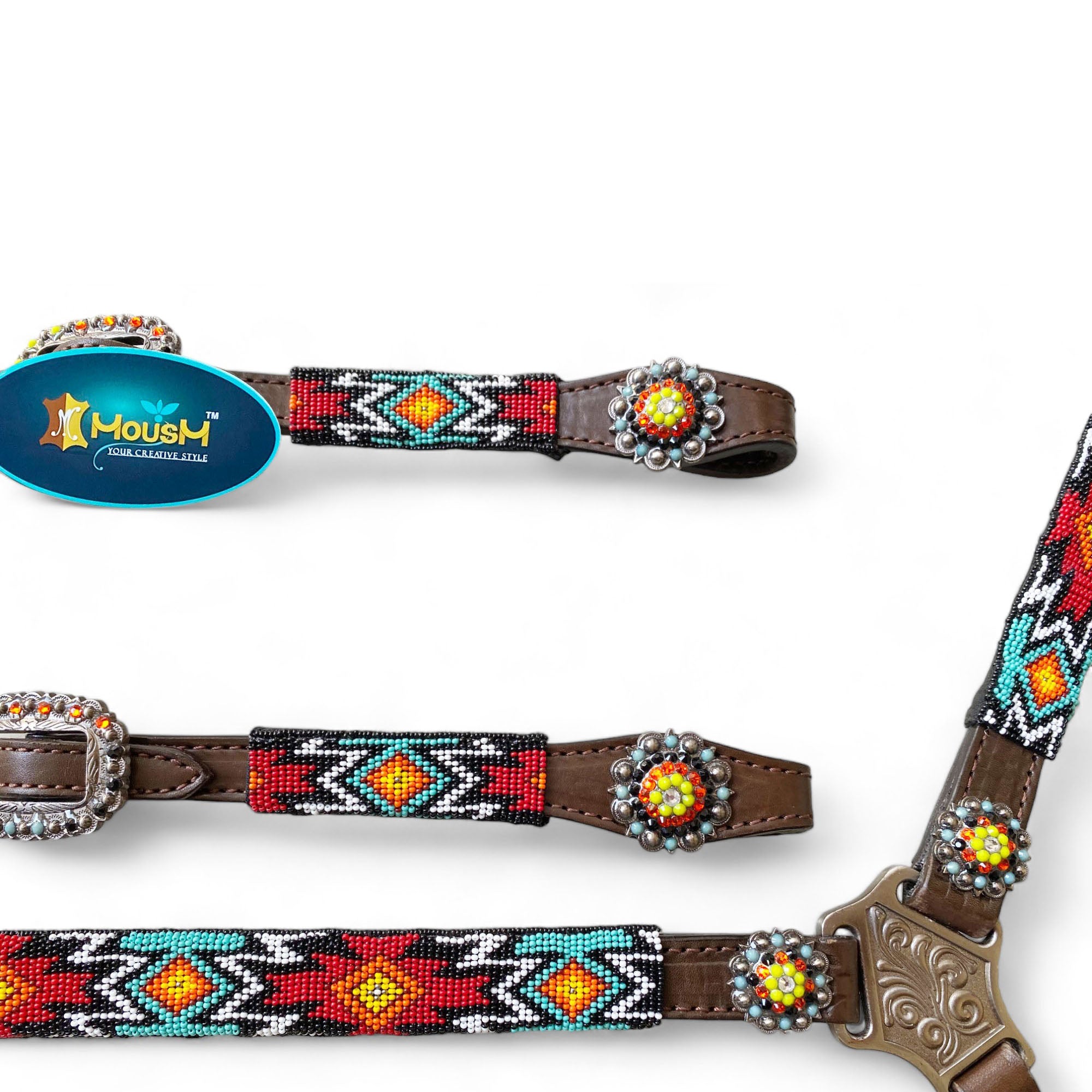 MOUSM Argentina Cow Leather Headstall & Breast Collar with Wither Strap – Western Horse Tack Set with Turquoise & Red Beaded Aztec Pattern and Rhinestones Conchos