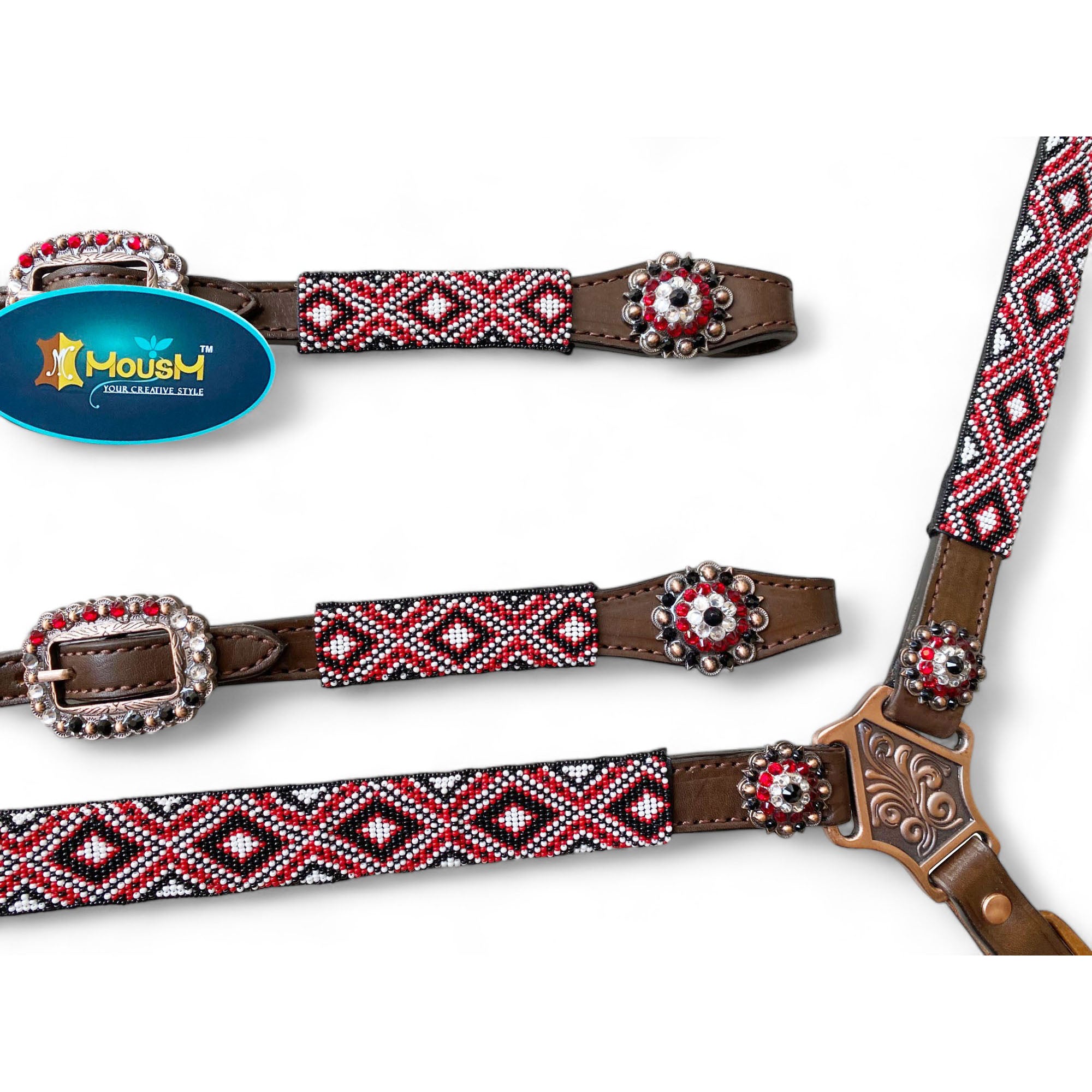 MOUSM Argentina Cow Leather Western Headstall and Breast Collar with Wither Strap Tack Set - Decorated with Snake Pattern, Red-White-Black Hand Beaded Work & Matching Rhinestones Conchos