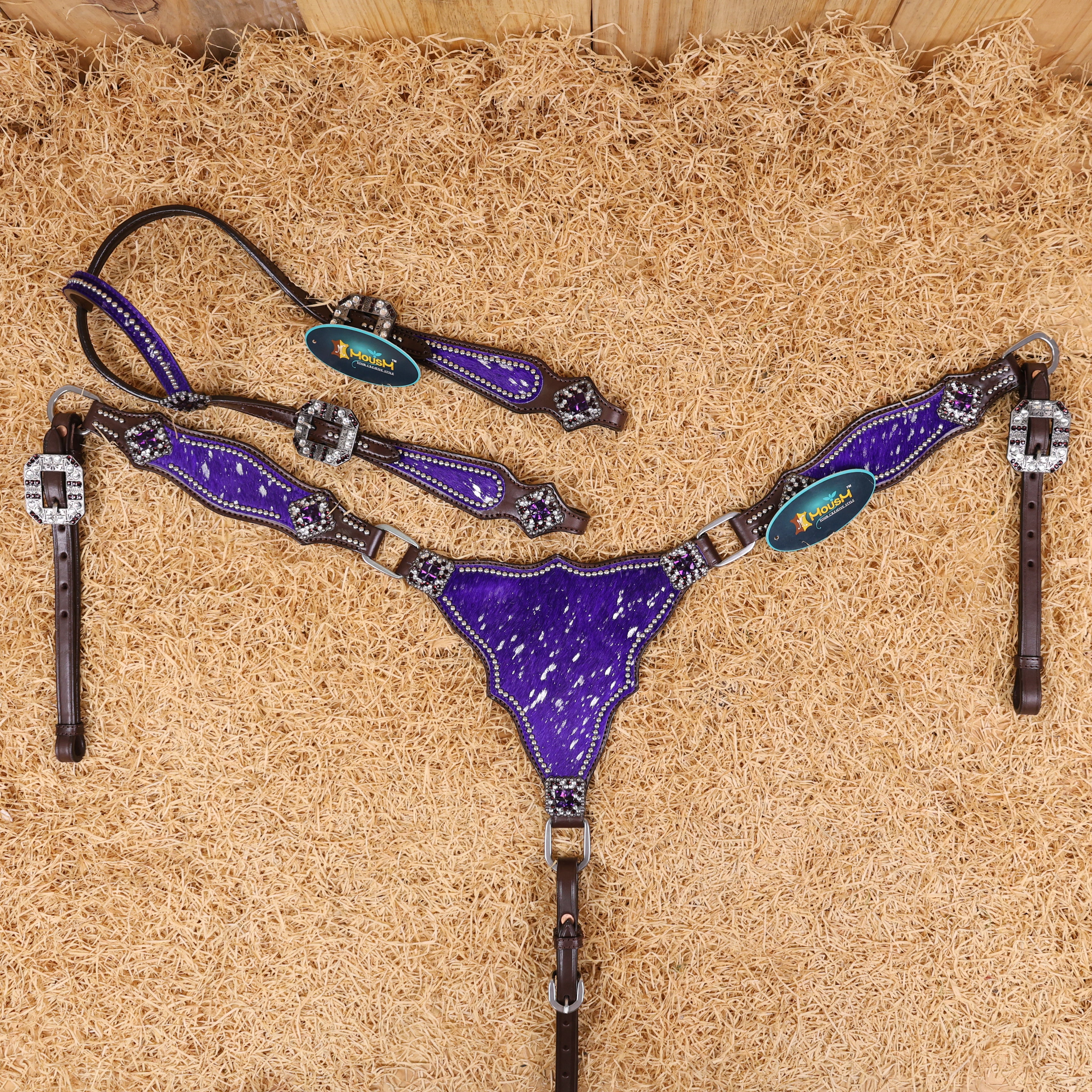MOUSM Western Headstall & Breast Collar Set – Made with Genuine Argentina Cow Leather Decorated Middle Leather Patch with Purple Silver Metallic Acid Wash Cowhide