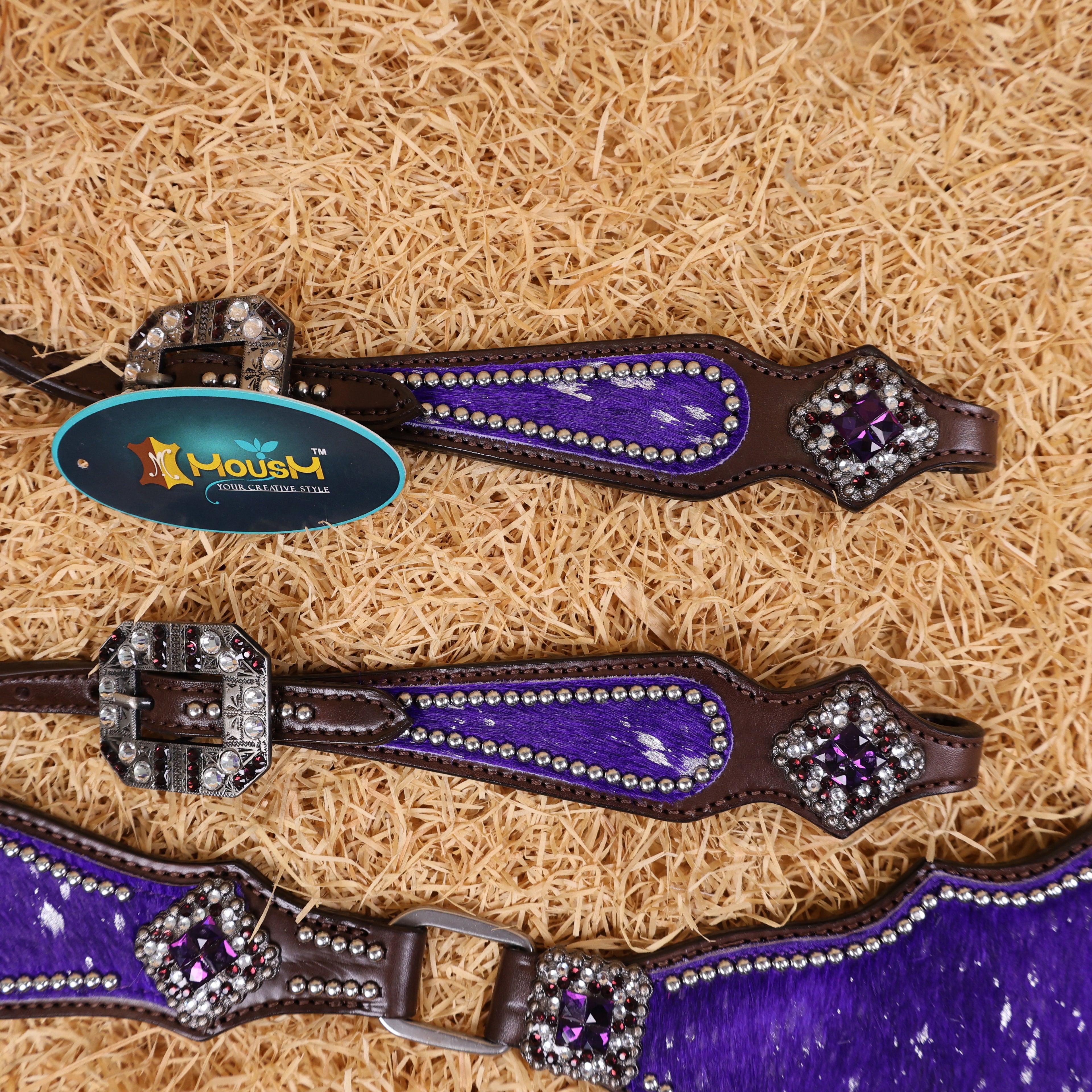 MOUSM Western Headstall & Breast Collar Set – Made with Genuine Argentina Cow Leather Decorated Middle Leather Patch with Purple Silver Metallic Acid Wash Cowhide