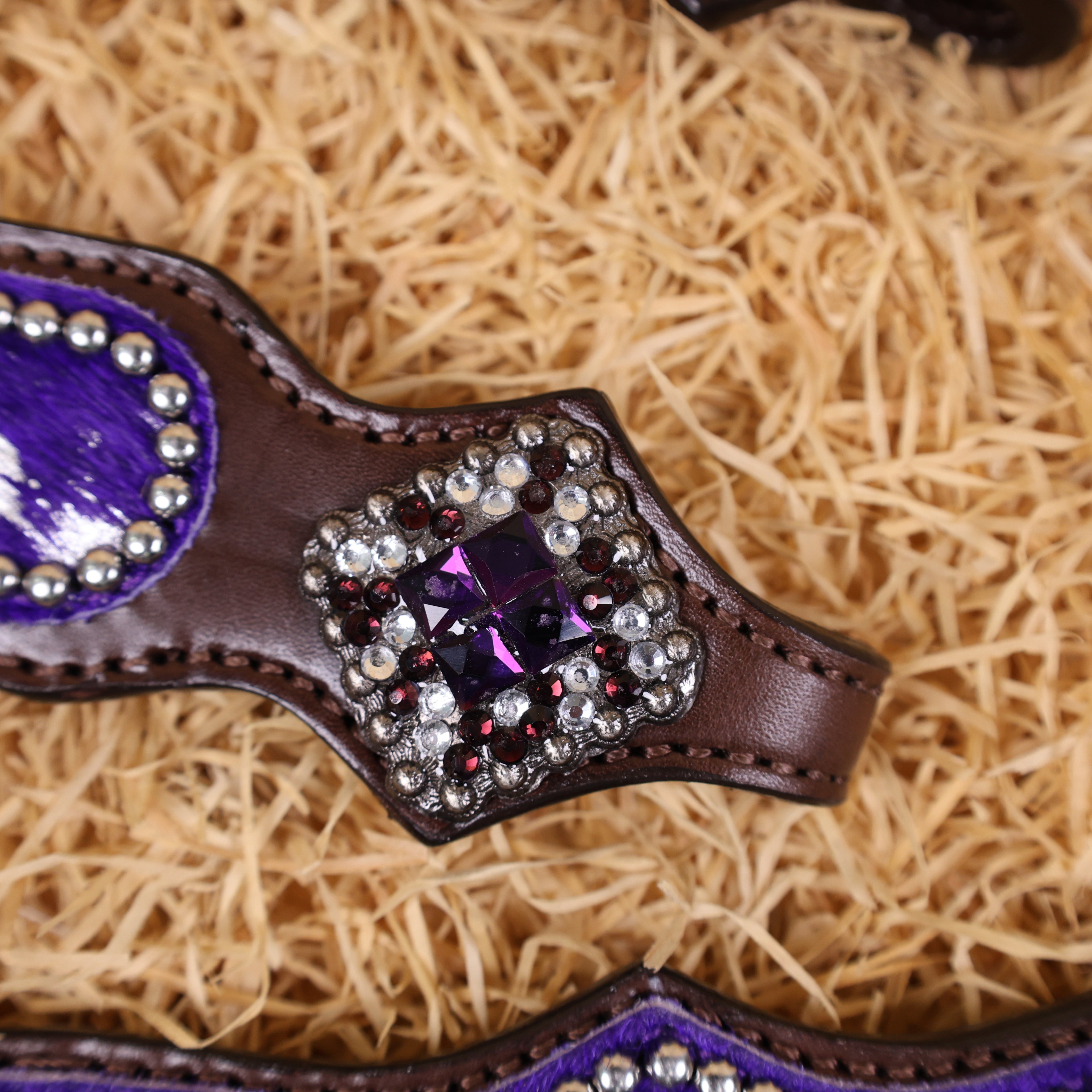 MOUSM Western Headstall & Breast Collar Set – Made with Genuine Argentina Cow Leather Decorated Middle Leather Patch with Purple Silver Metallic Acid Wash Cowhide