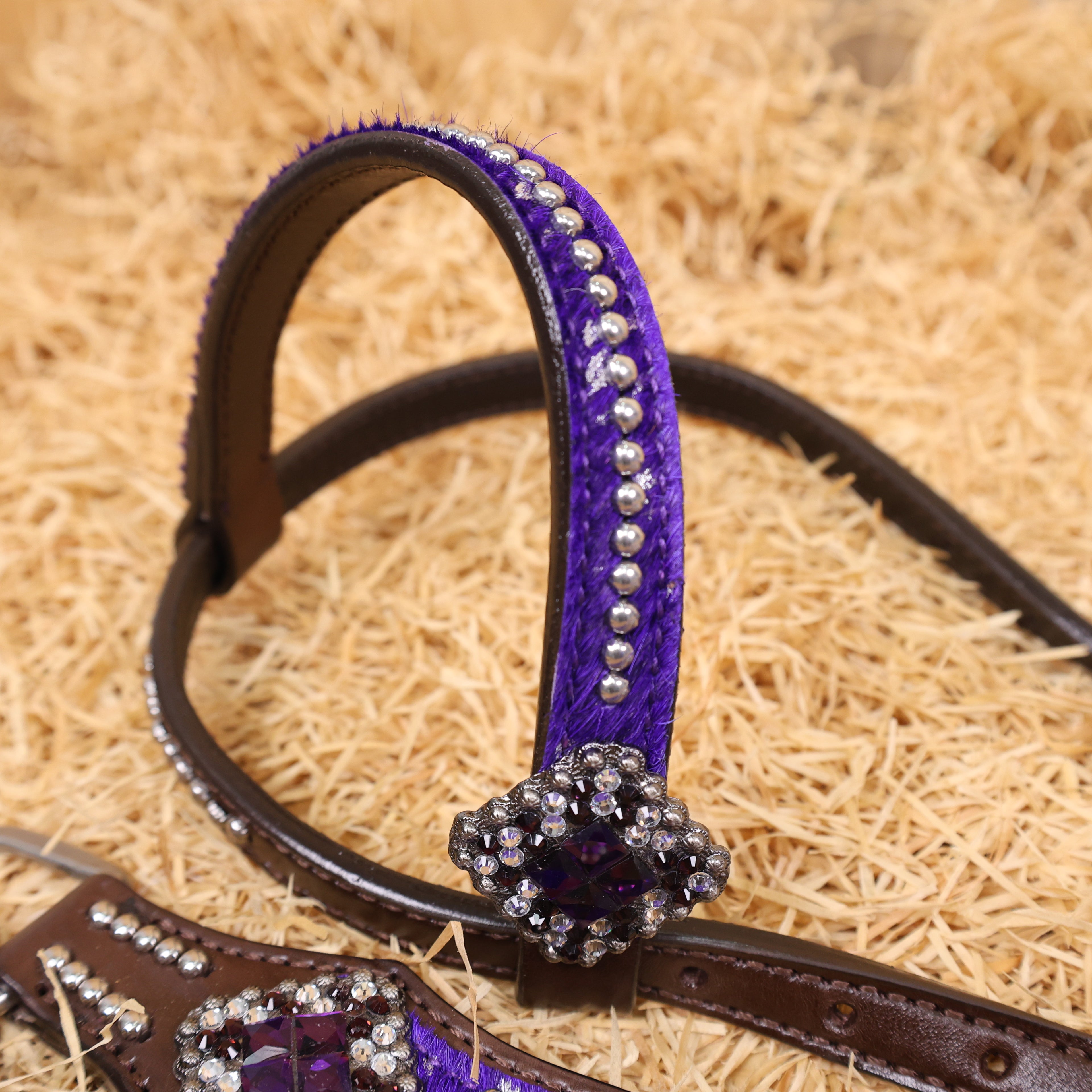 MOUSM Western Headstall & Breast Collar Set – Made with Genuine Argentina Cow Leather Decorated Middle Leather Patch with Purple Silver Metallic Acid Wash Cowhide