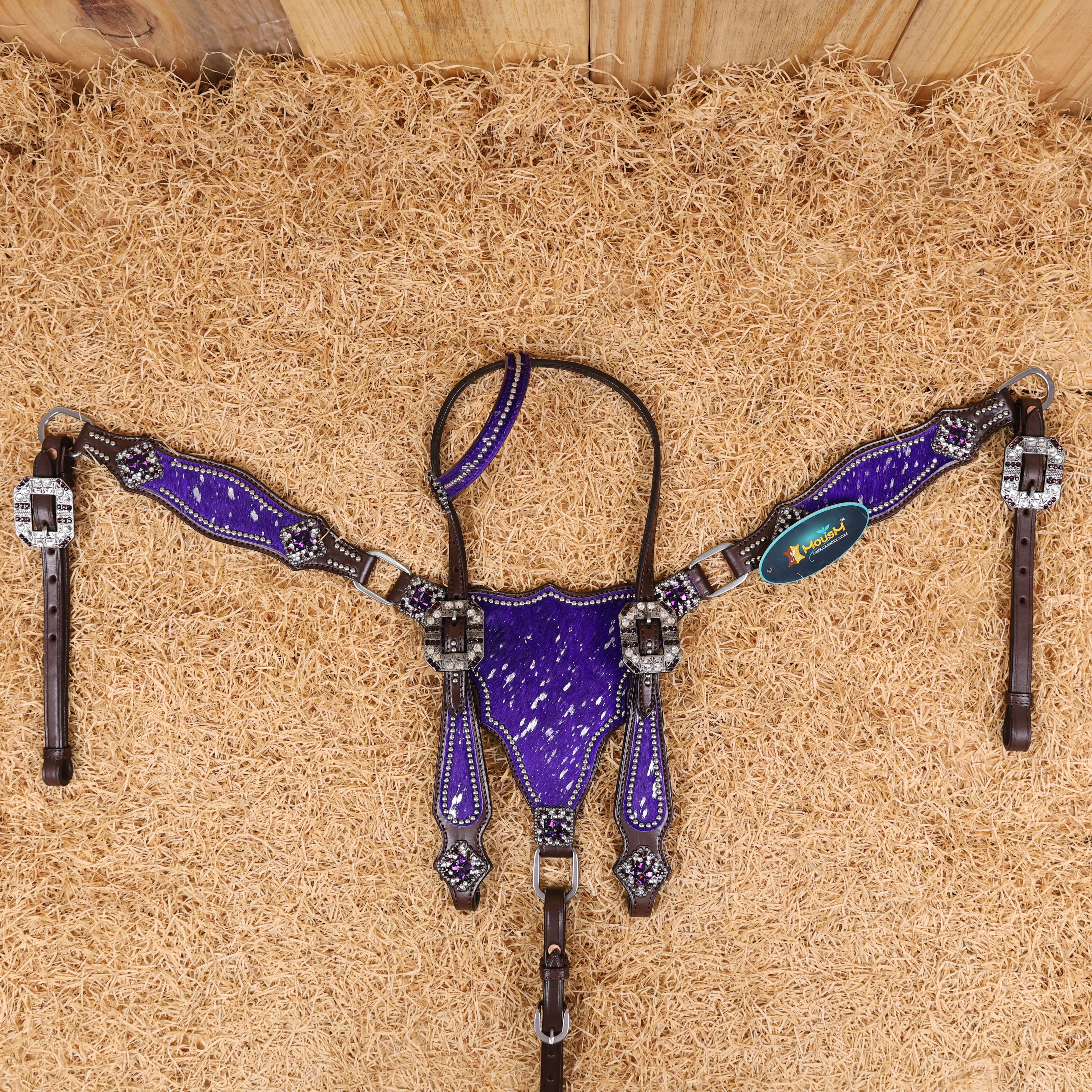 MOUSM Western Headstall & Breast Collar Set – Made with Genuine Argentina Cow Leather Decorated Middle Leather Patch with Purple Silver Metallic Acid Wash Cowhide