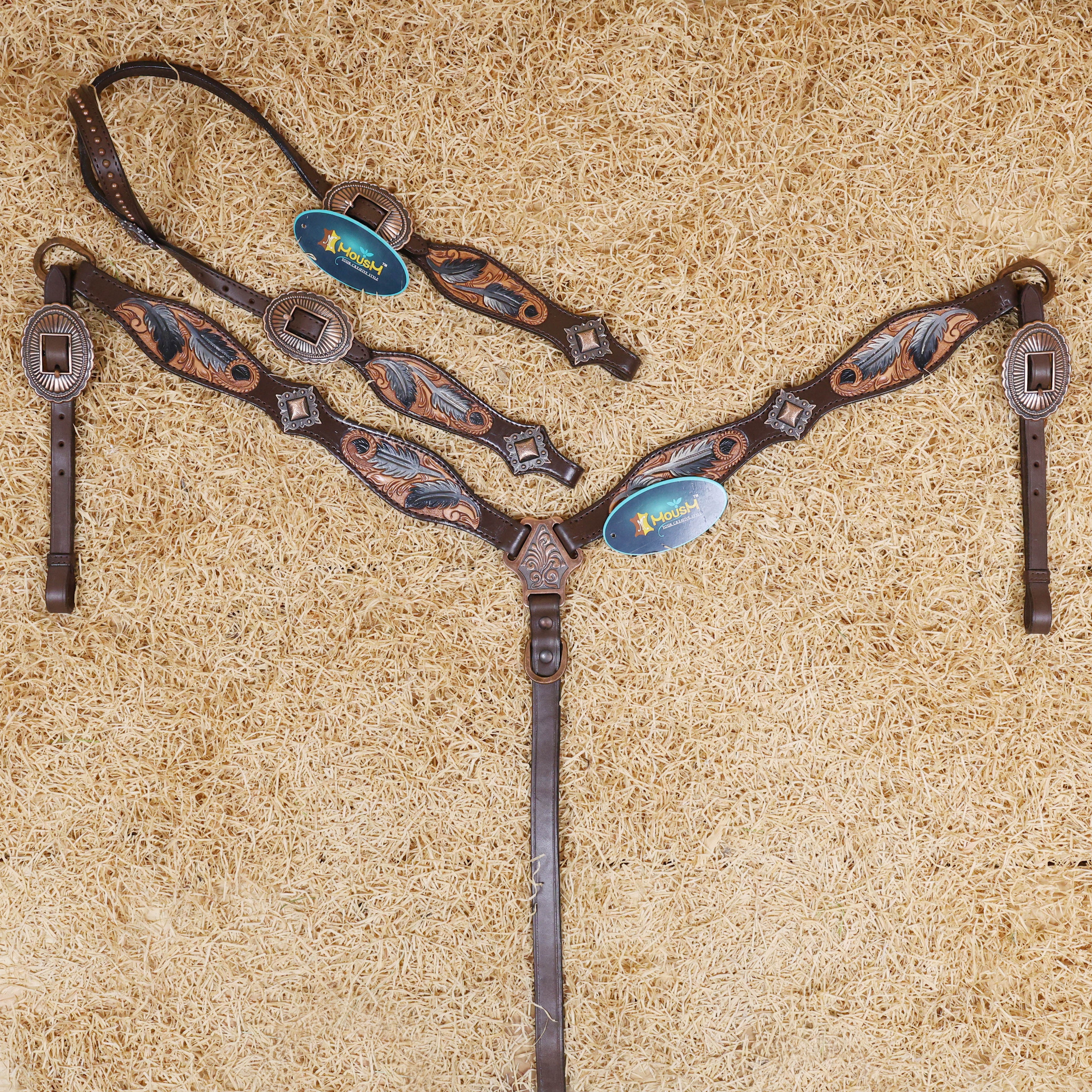 MOUSM Western Headstall & Breast Collar Set – Made from Argentina Cow Leather, Crafted Hand-Tooled & Hand-Painted Feather Carving, Square Berry Conchos
