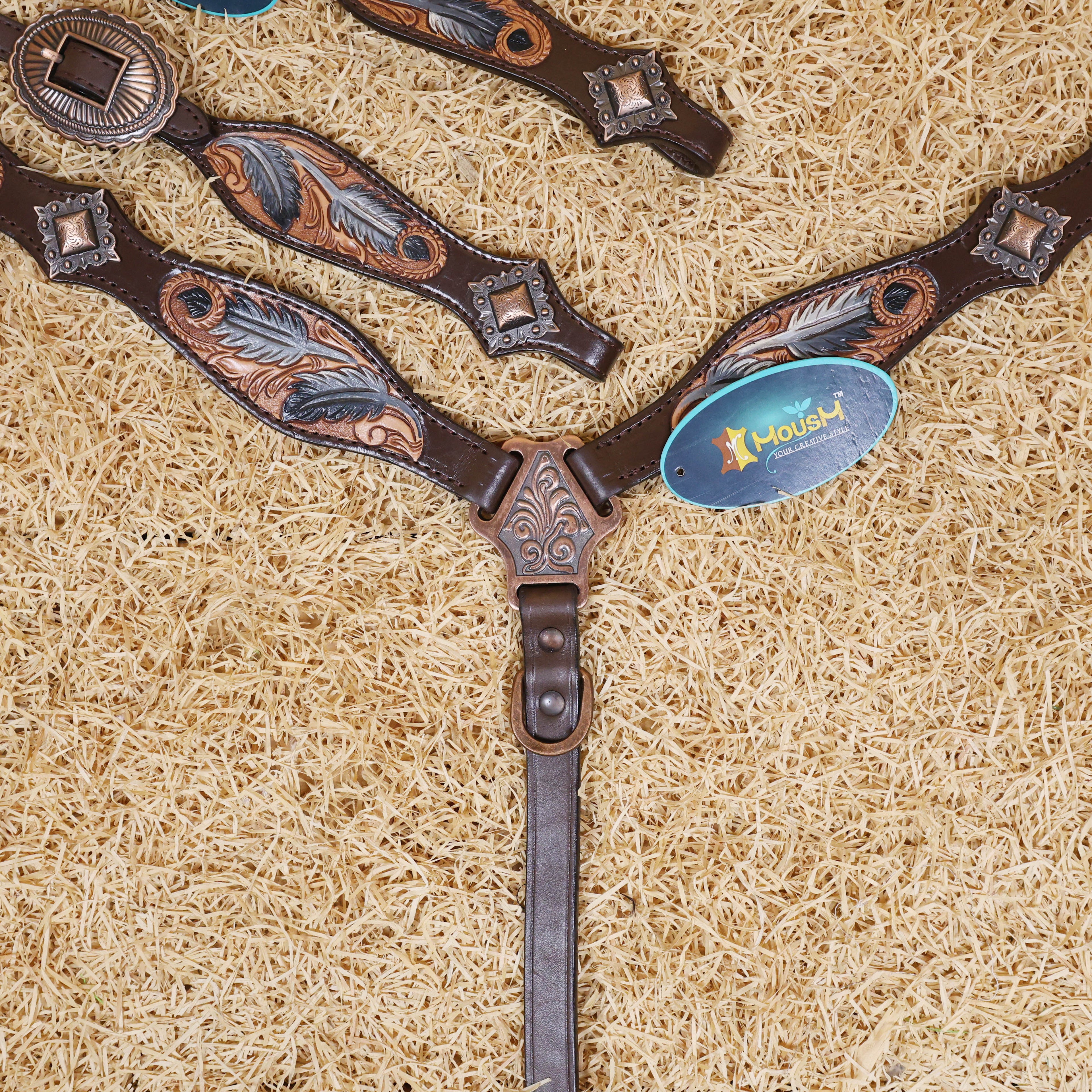 MOUSM Western Headstall & Breast Collar Set – Made from Argentina Cow Leather, Crafted Hand-Tooled & Hand-Painted Feather Carving, Square Berry Conchos