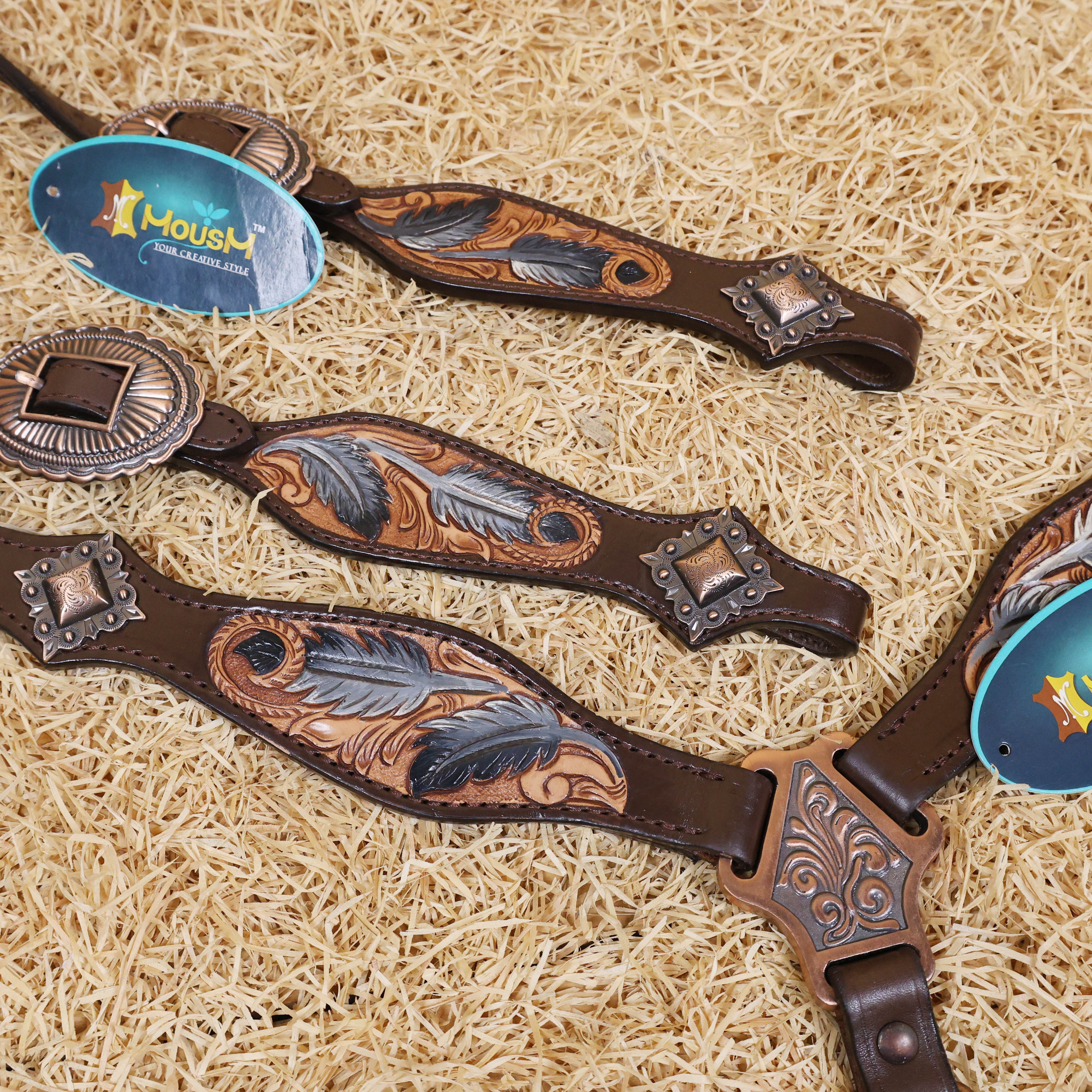 MOUSM Western Headstall & Breast Collar Set – Made from Argentina Cow Leather, Crafted Hand-Tooled & Hand-Painted Feather Carving, Square Berry Conchos