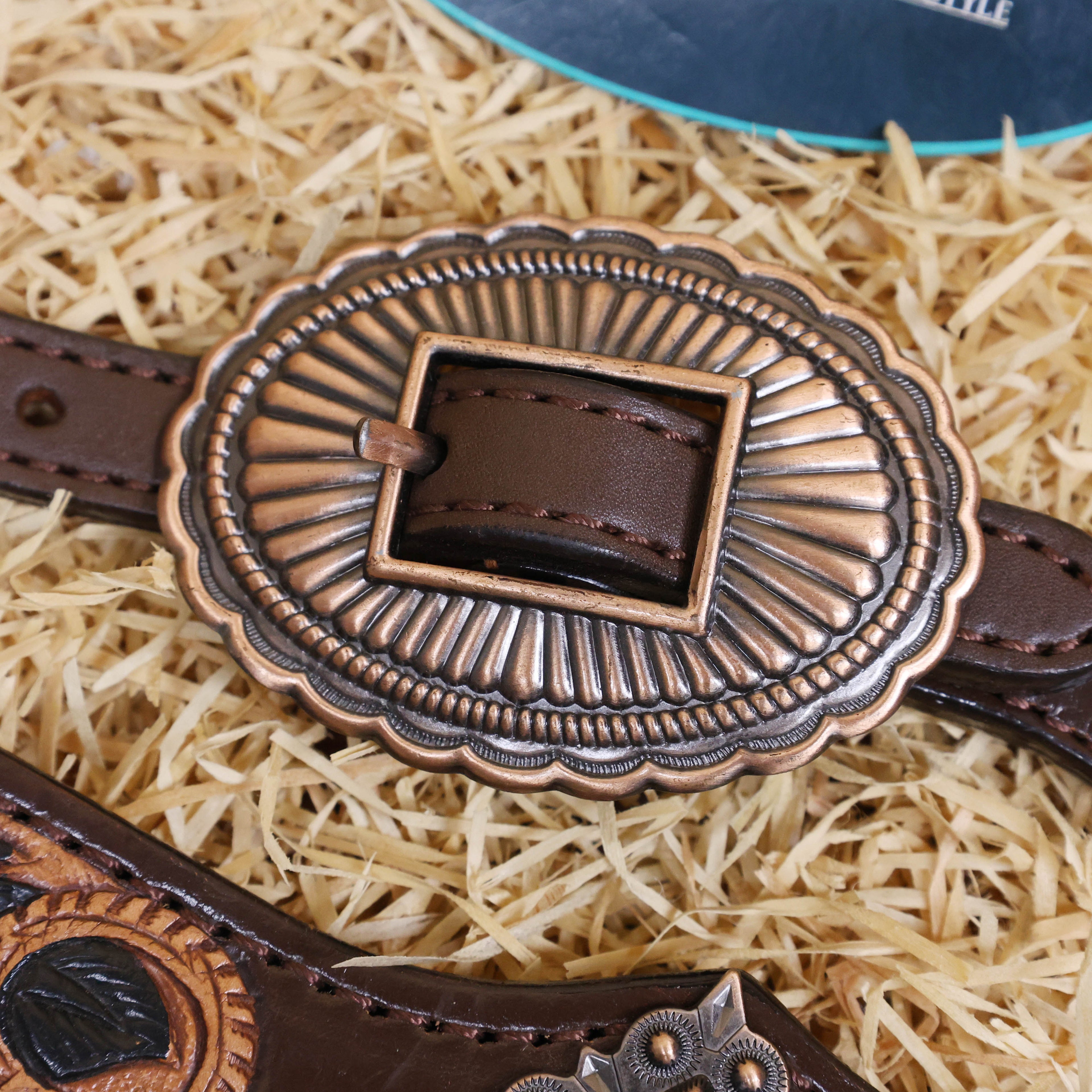 MOUSM Western Headstall & Breast Collar Set – Made from Argentina Cow Leather, Crafted Hand-Tooled & Hand-Painted Feather Carving, Square Berry Conchos