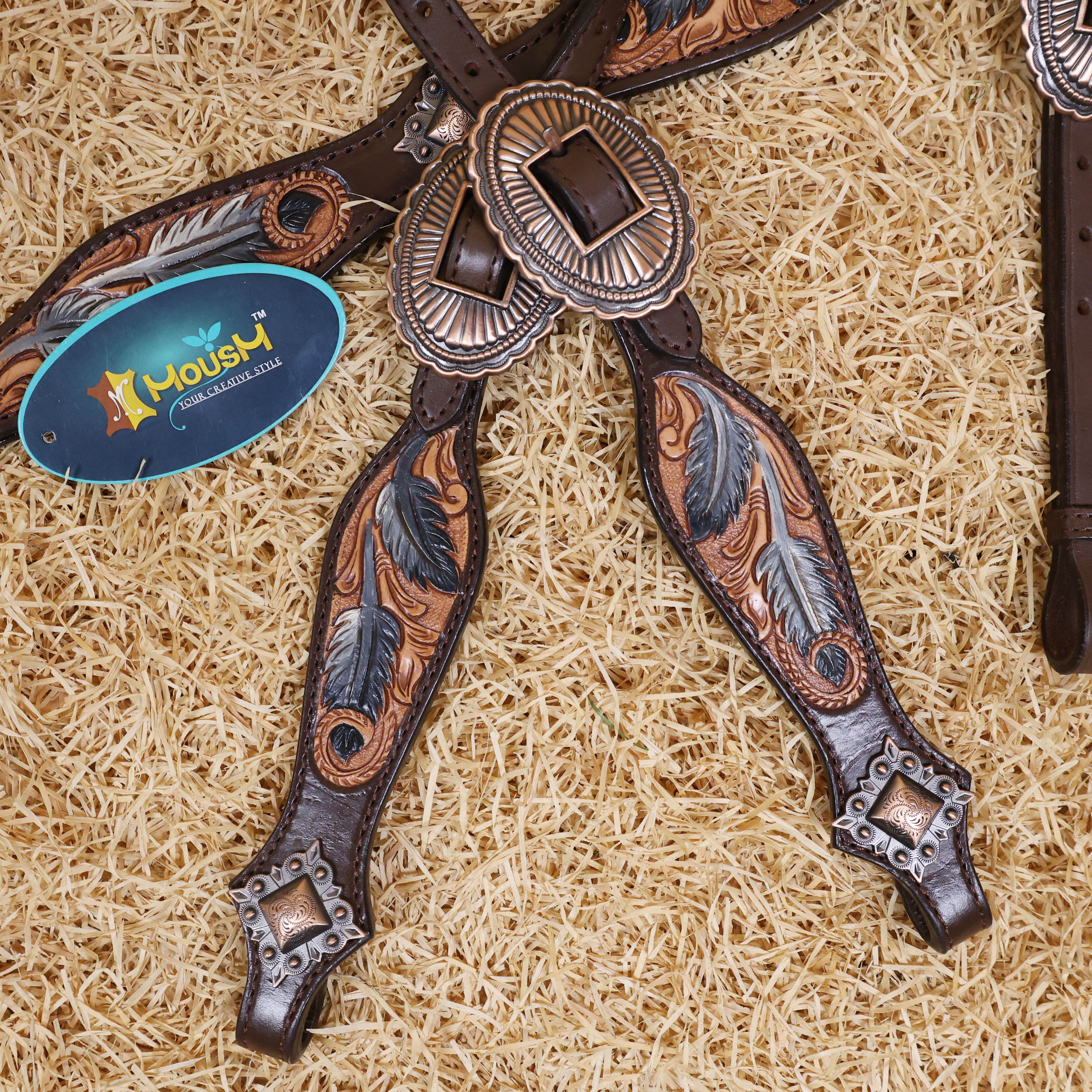 MOUSM Western Headstall & Breast Collar Set – Made from Argentina Cow Leather, Crafted Hand-Tooled & Hand-Painted Feather Carving, Square Berry Conchos