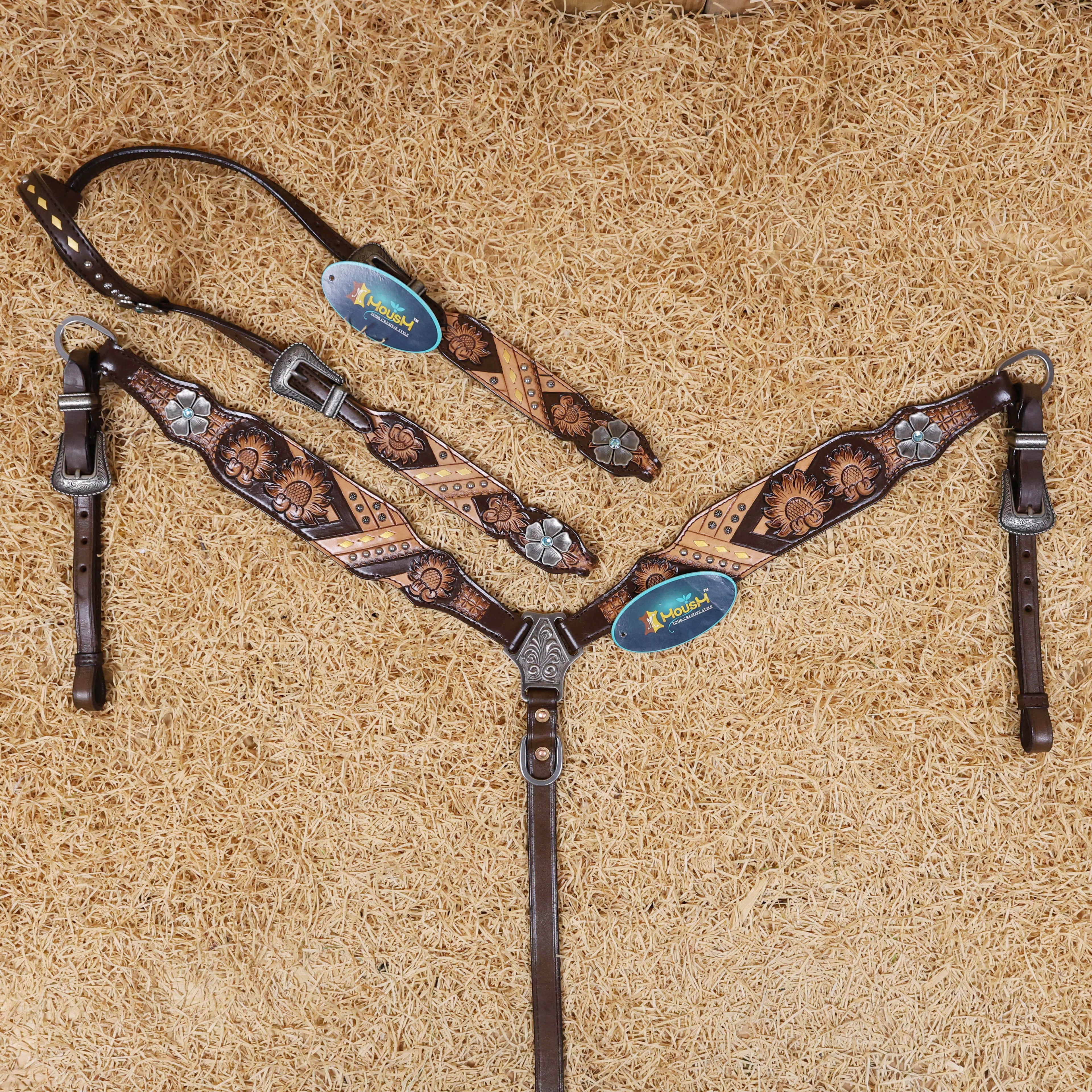 MOUSM Argentina Cow Leather Headstall and Breast Collar Set, Western Bridle Sets Hand-Carved Sunflower Floral Design & Geometric Detailing with Golden Buck Stitching