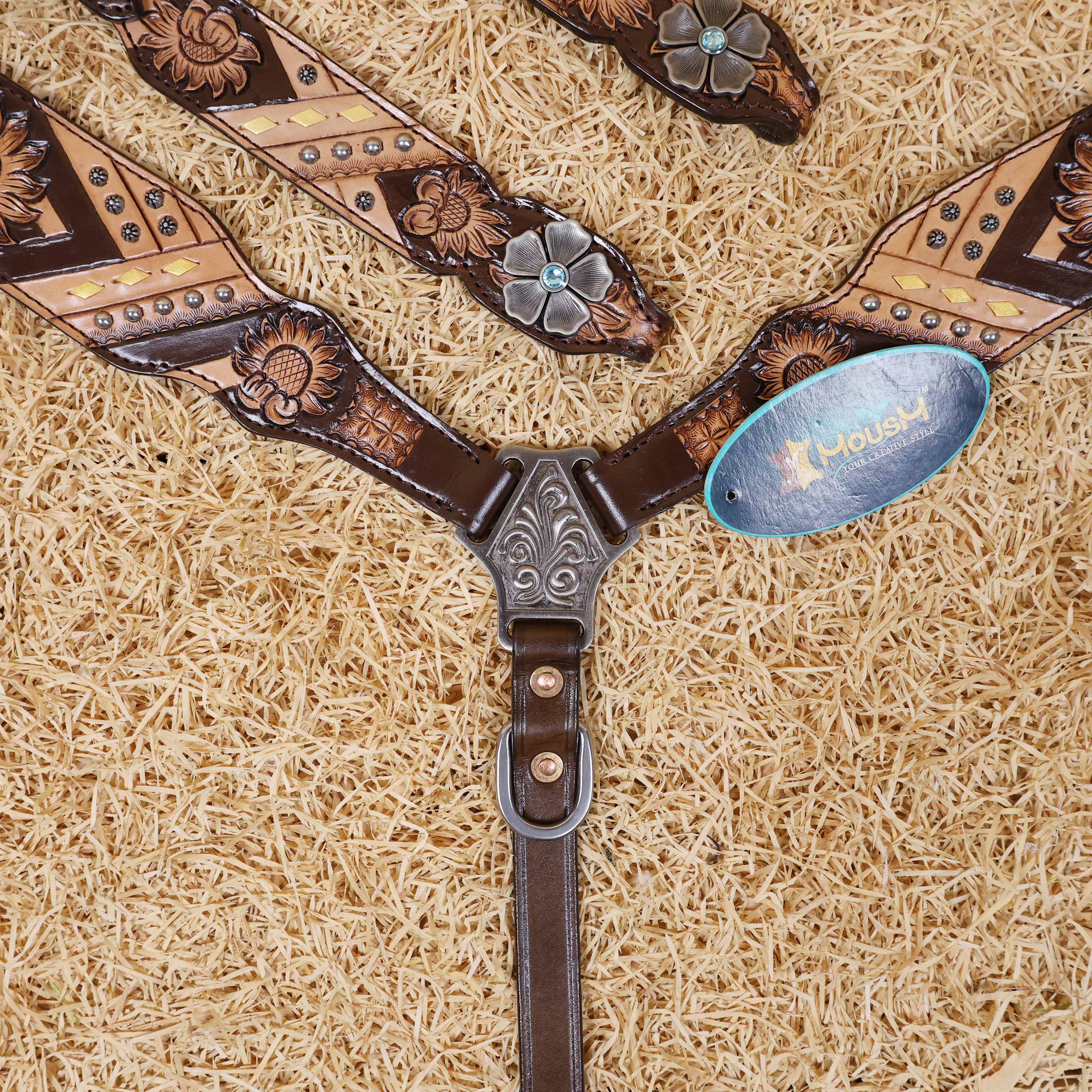 MOUSM Argentina Cow Leather Headstall and Breast Collar Set, Western Bridle Sets Hand-Carved Sunflower Floral Design & Geometric Detailing with Golden Buck Stitching