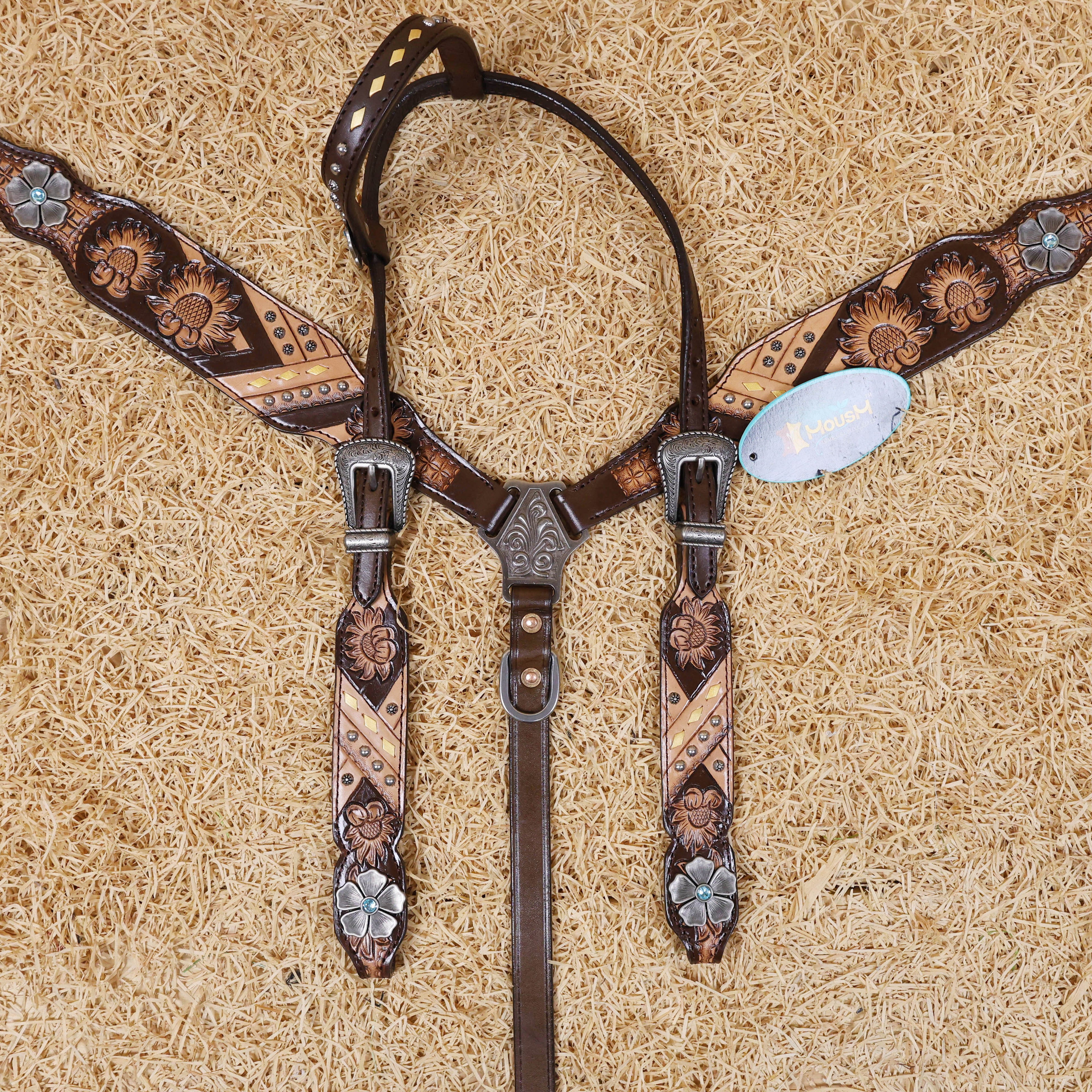 MOUSM Argentina Cow Leather Headstall and Breast Collar Set, Western Bridle Sets Hand-Carved Sunflower Floral Design & Geometric Detailing with Golden Buck Stitching