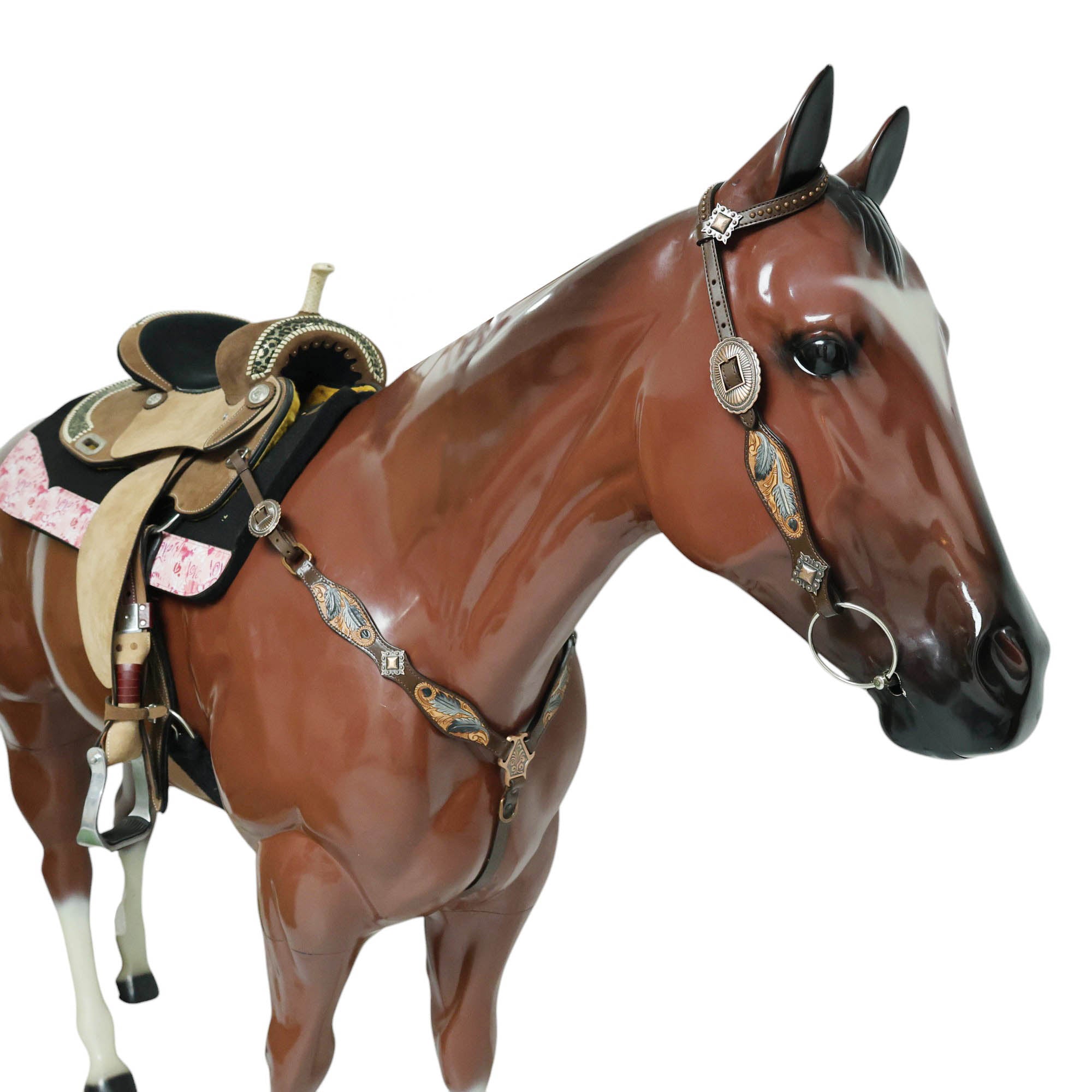 MOUSM Western Headstall & Breast Collar Set – Made from Argentina Cow Leather, Crafted Hand-Tooled & Hand-Painted Feather Carving, Square Berry Conchos