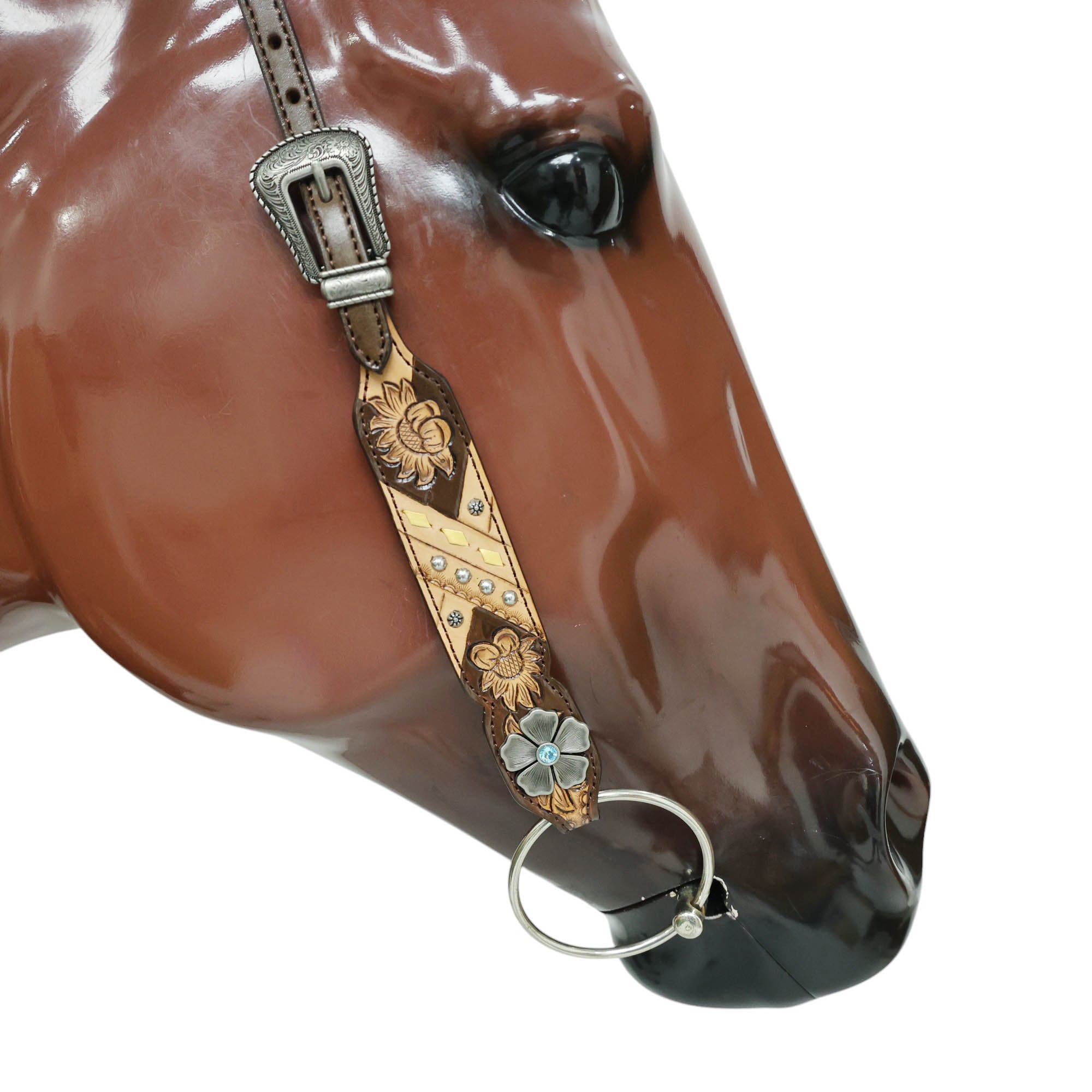 MOUSM Argentina Cow Leather Headstall and Breast Collar Set, Western Bridle Sets Hand-Carved Sunflower Floral Design & Geometric Detailing with Golden Buck Stitching
