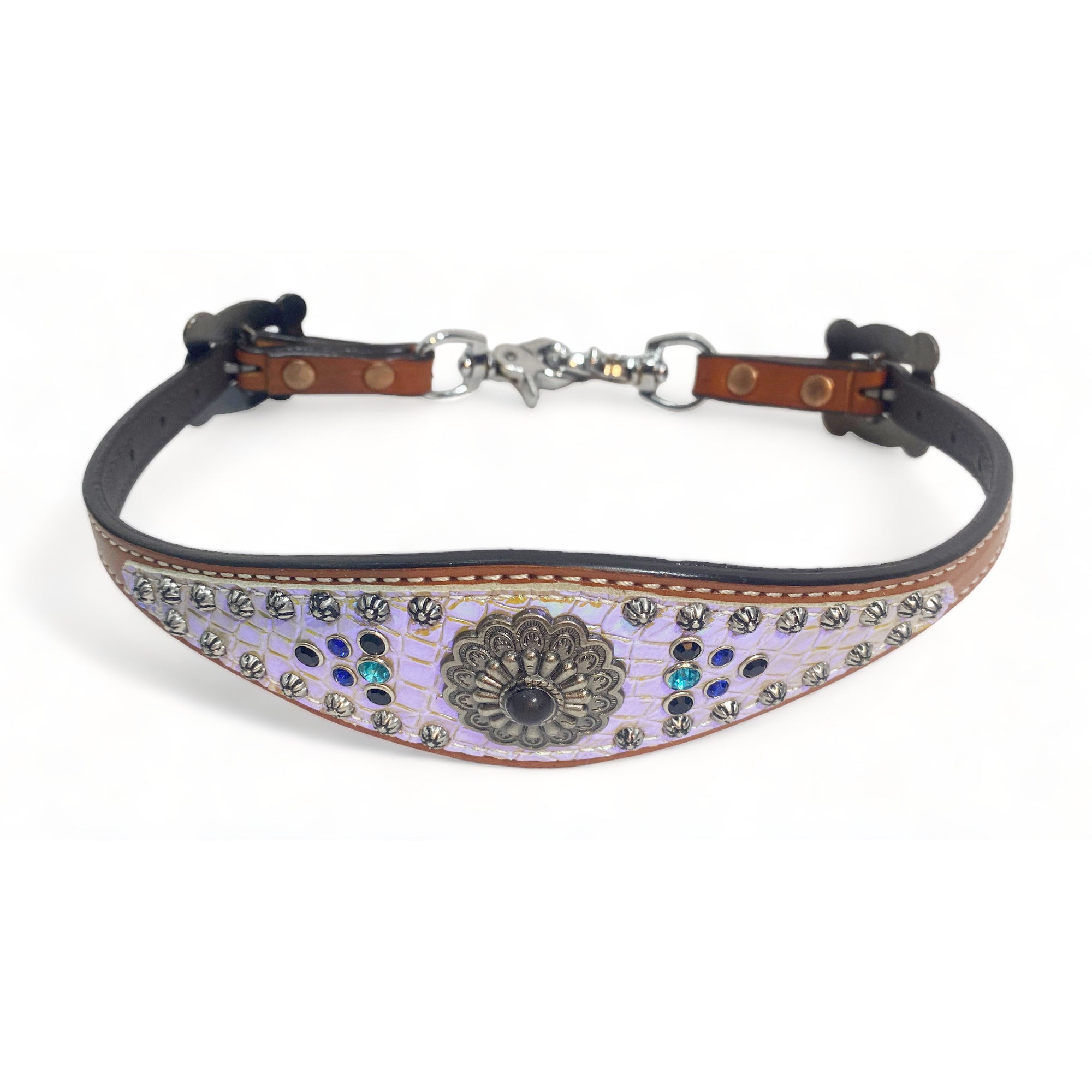 MOUSM Western Wither Strap – Stylish Horse Tack Accessory Decorated with Holographic Alligator Leather, Rhinestones, Sunburst Studs, and Antique Nickel Conchos