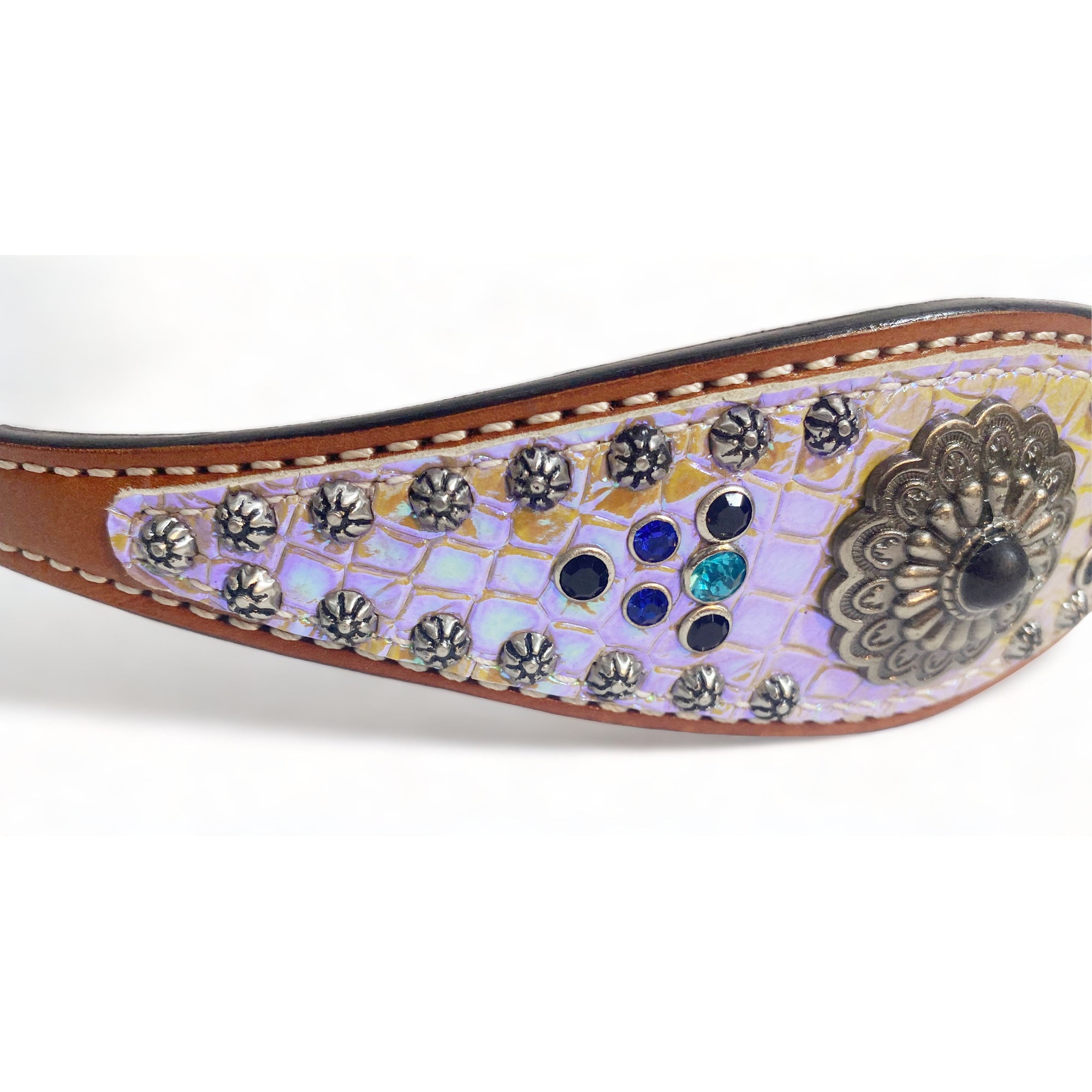 MOUSM Western Wither Strap – Stylish Horse Tack Accessory Decorated with Holographic Alligator Leather, Rhinestones, Sunburst Studs, and Antique Nickel Conchos
