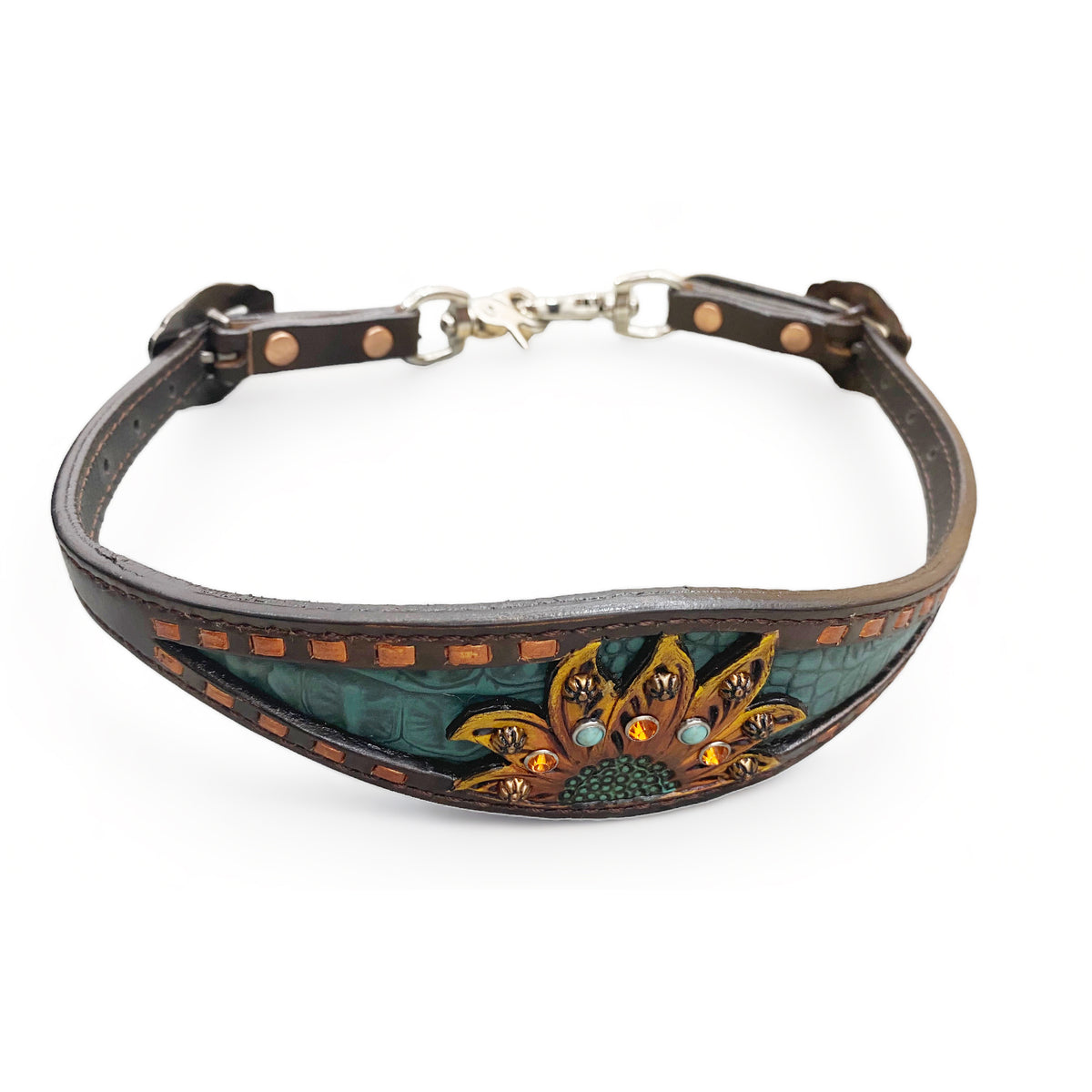 MOUSM Western Wither Strap - Stylish Horse Tack Accessory Decorated with Copper Buck Stitching and Sunflower Carving with Turquoise and Orange Ribbit