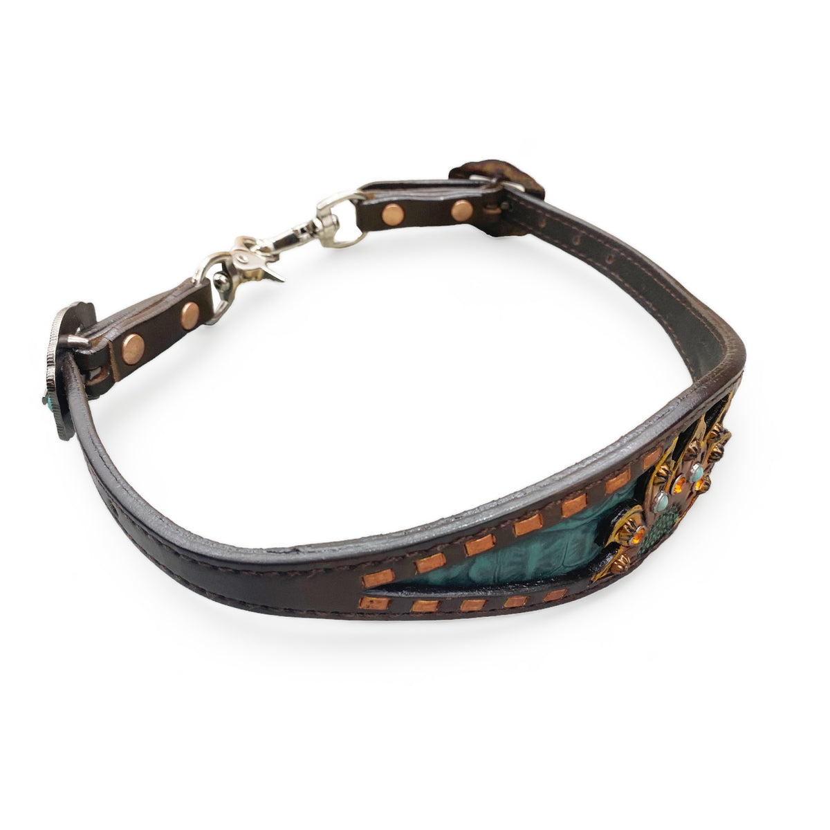 MOUSM Western Wither Strap - Stylish Horse Tack Accessory Decorated with Copper Buck Stitching and Sunflower Carving with Turquoise and Orange Ribbit