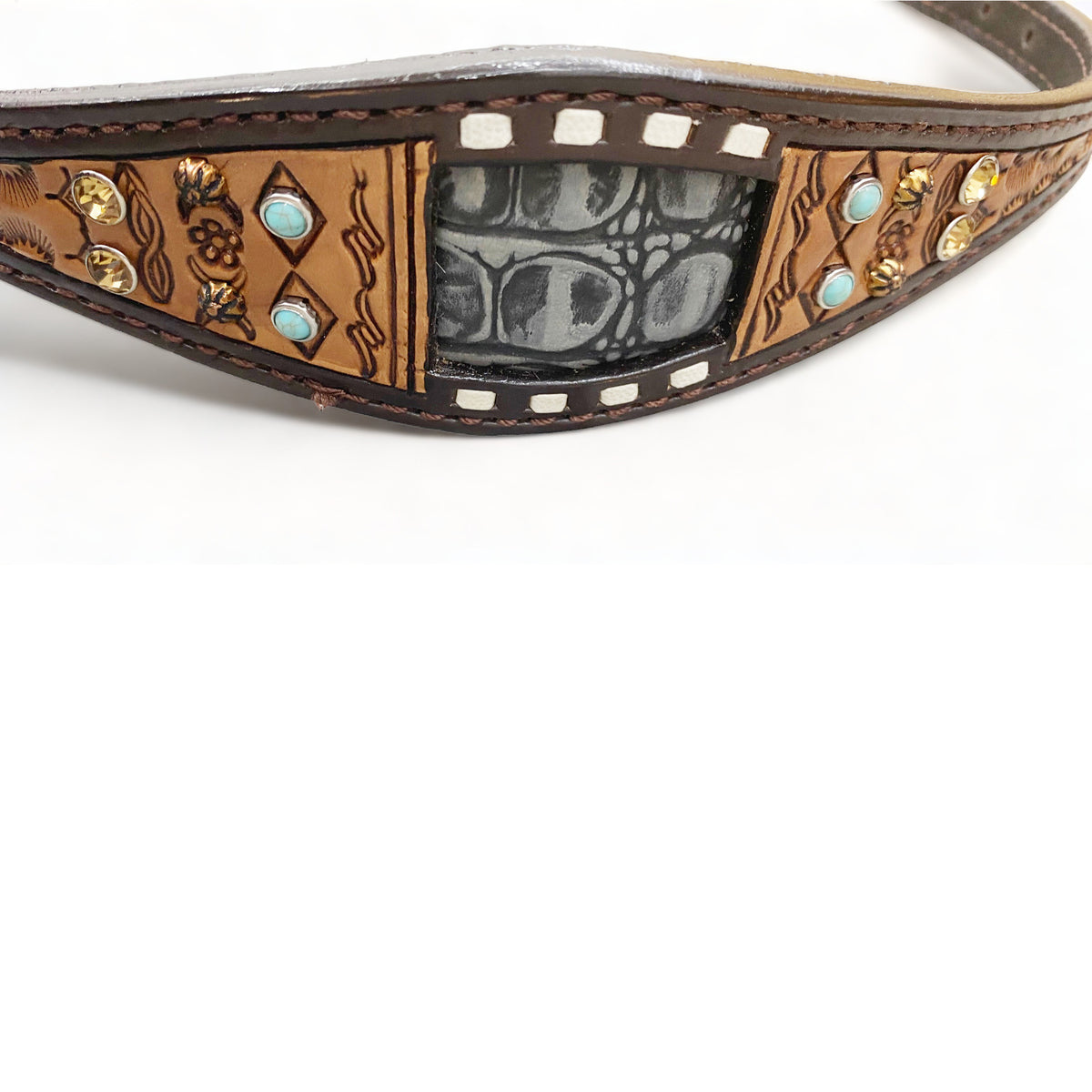 MOUSM Western Wither Strap - Stylish Horse Tack Accessory Decorated with Buck Stitching, Grey Alligator Inlay and Boner Tooling with Rhinestones and Sunburst Studs