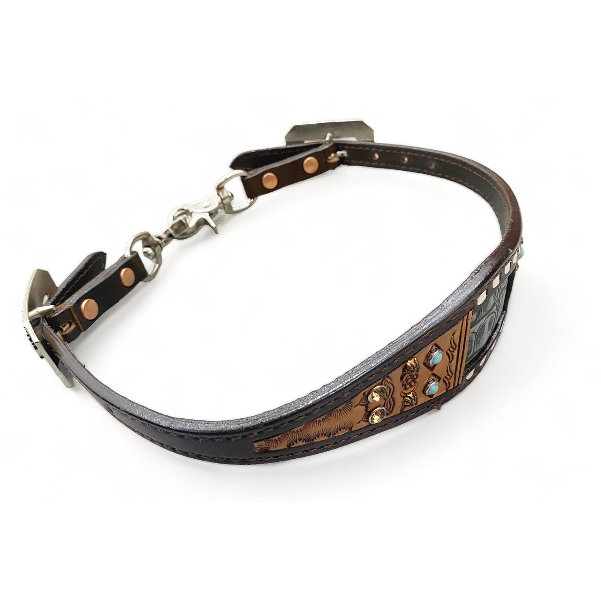 MOUSM Western Wither Strap - Stylish Horse Tack Accessory Decorated with Buck Stitching, Grey Alligator Inlay and Boner Tooling with Rhinestones and Sunburst Studs
