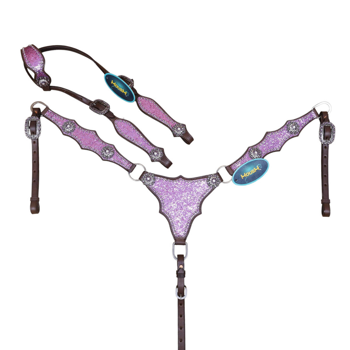 Light purple glitter Western horse tack made from Argentina cow leather, featuring an alligator design, rhinestone conchos, silver studs and vintage hardware.