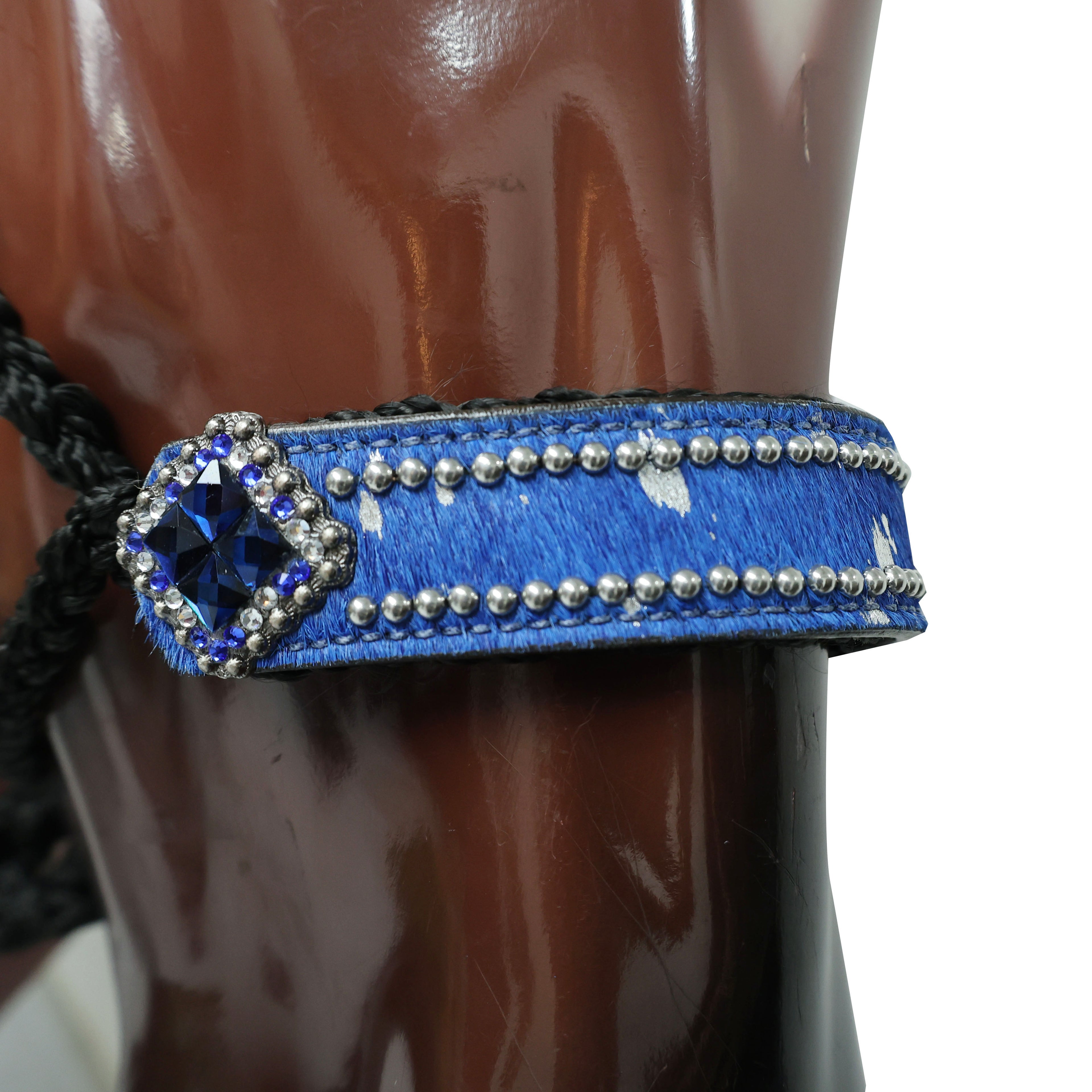MOUSM Nylon Mule Halter for Horse – 1.5" Inches Wide Noseband Decorated with Royal Blue Acid Wash Hair on Cowhide Leather and Crystal Rhinestone Concho, 7.5&