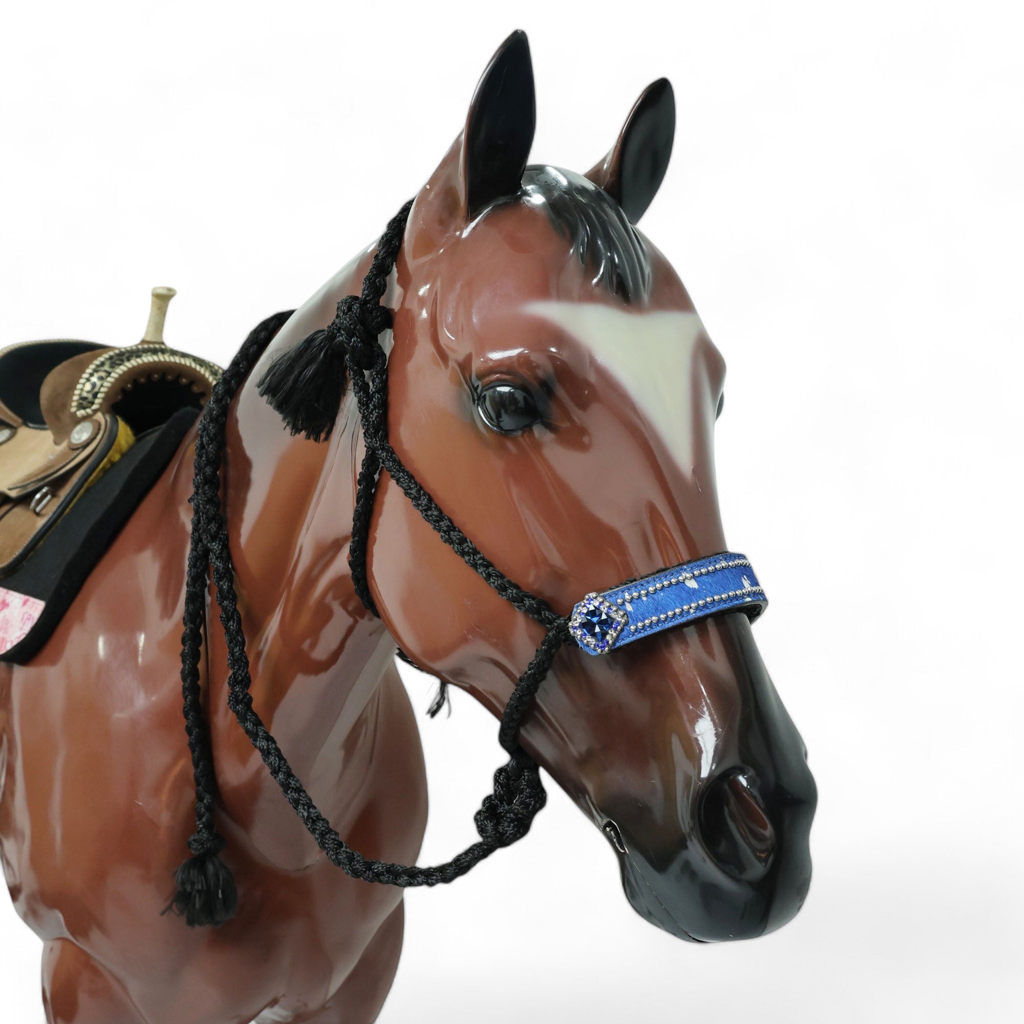 MOUSM Nylon Mule Halter for Horse – 1.5" Inches Wide Noseband Decorated with Royal Blue Acid Wash Hair on Cowhide Leather and Crystal Rhinestone Concho, 7.5&