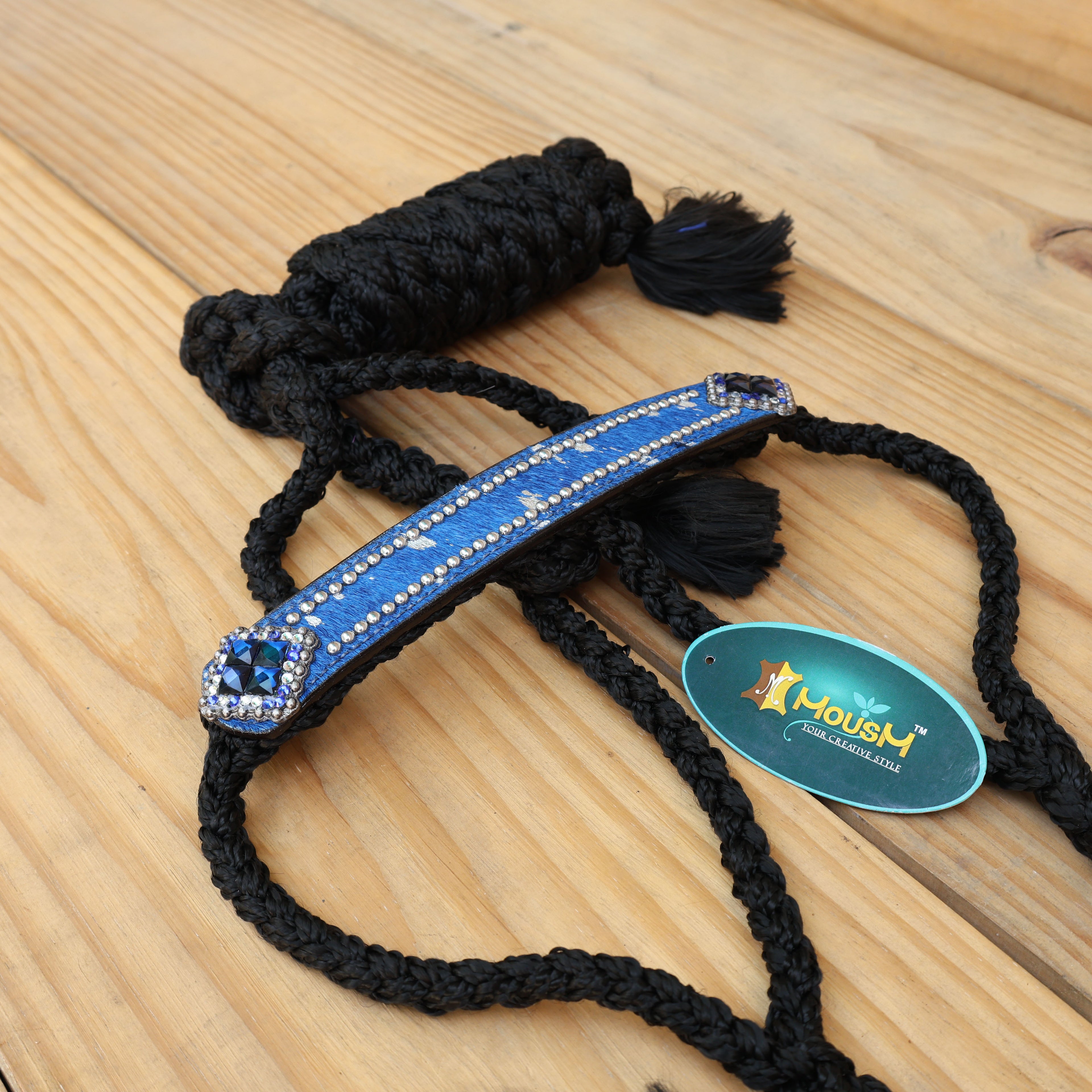 MOUSM Nylon Mule Halter for Horse – 1.5" Inches Wide Noseband Decorated with Royal Blue Acid Wash Hair on Cowhide Leather and Crystal Rhinestone Concho, 7.5&