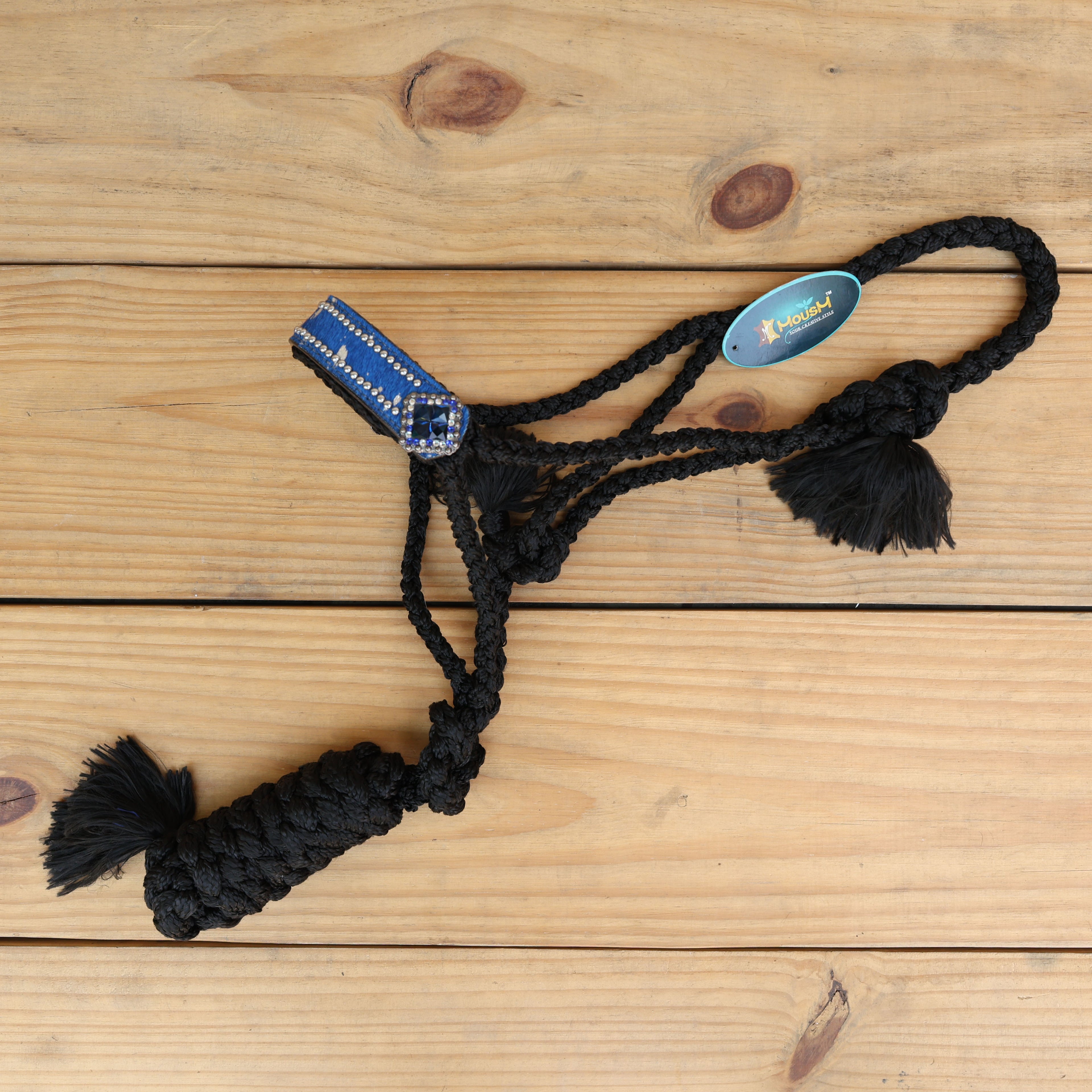 MOUSM Nylon Mule Halter for Horse – 1.5" Inches Wide Noseband Decorated with Royal Blue Acid Wash Hair on Cowhide Leather and Crystal Rhinestone Concho, 7.5&