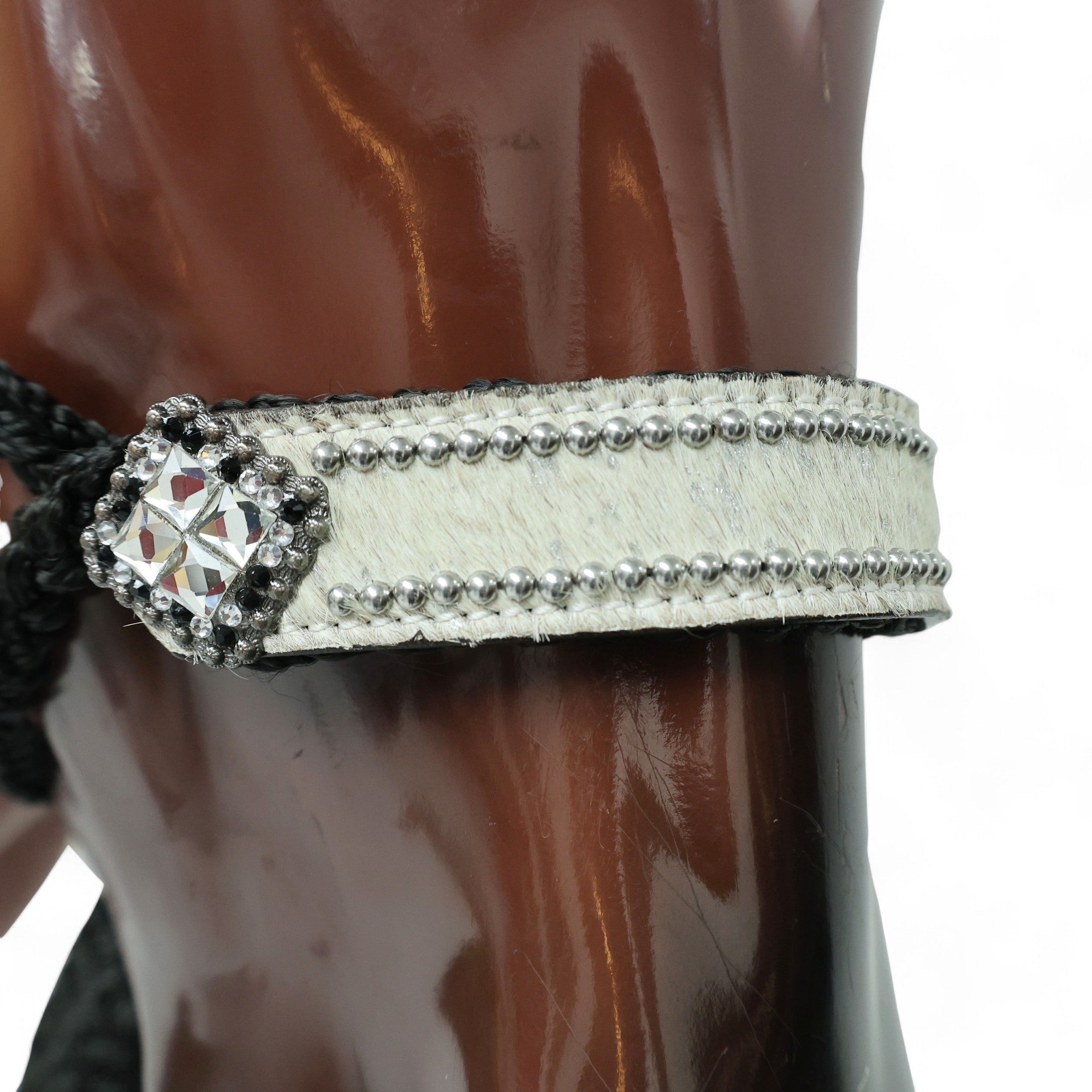 MOUSM Nylon Mule Halter for Horse – Decorated with White Acid Wash Hair on Cowhide Leather Noseband and Crystal Rhinestone Concho, 7.5&