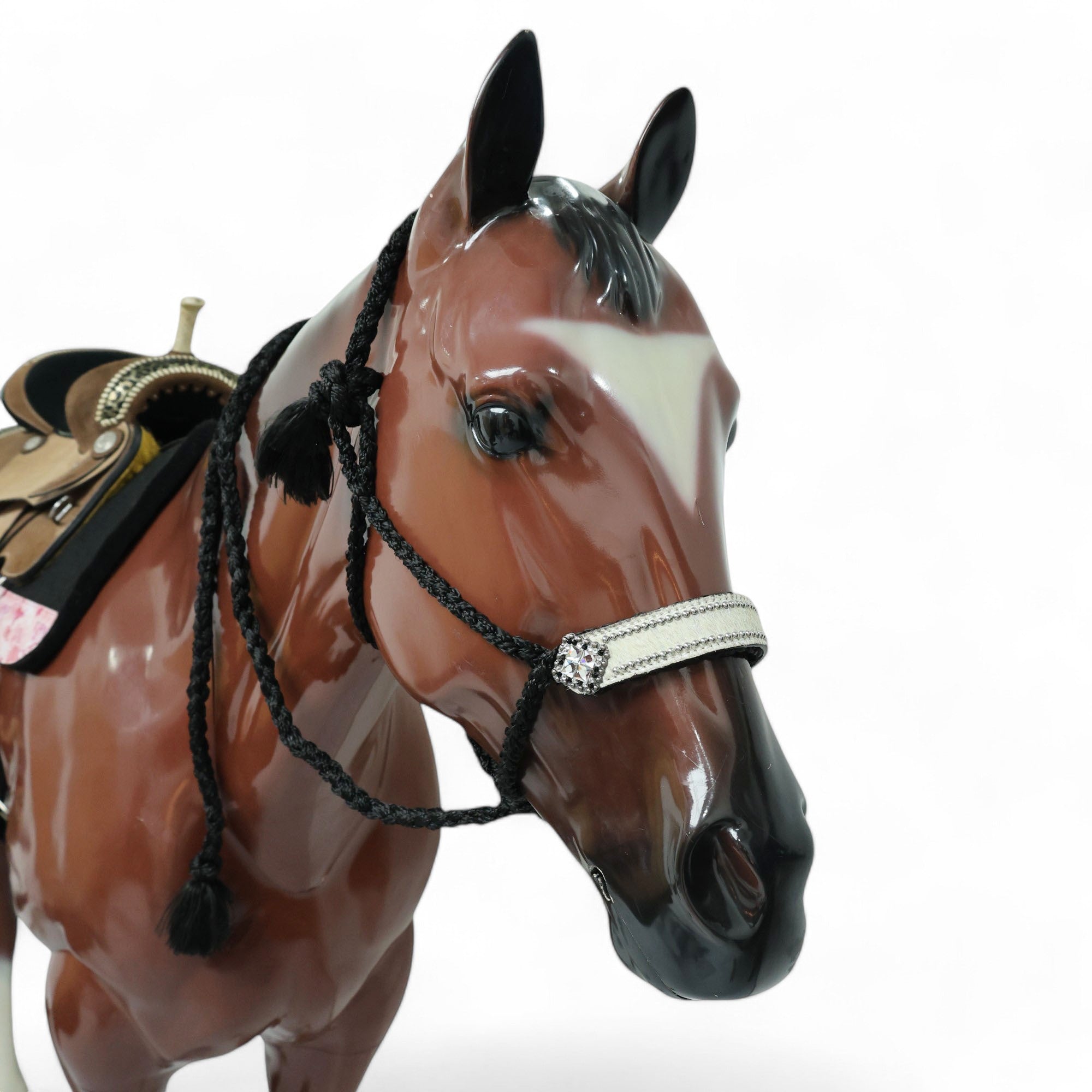 MOUSM Nylon Mule Halter for Horse – Decorated with White Acid Wash Hair on Cowhide Leather Noseband and Crystal Rhinestone Concho, 7.5&