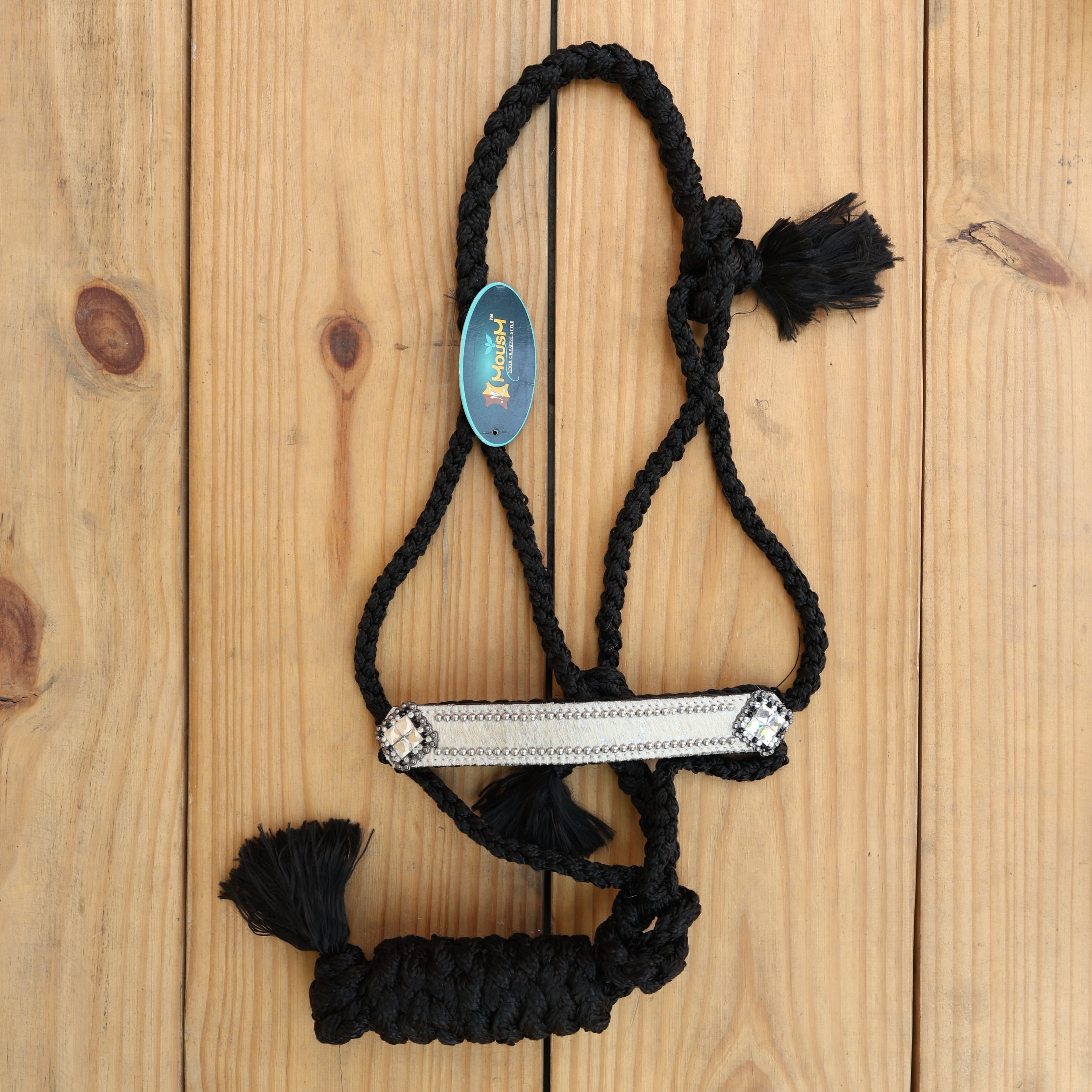 MOUSM Nylon Mule Halter for Horse – Decorated with White Acid Wash Hair on Cowhide Leather Noseband and Crystal Rhinestone Concho, 7.5&
