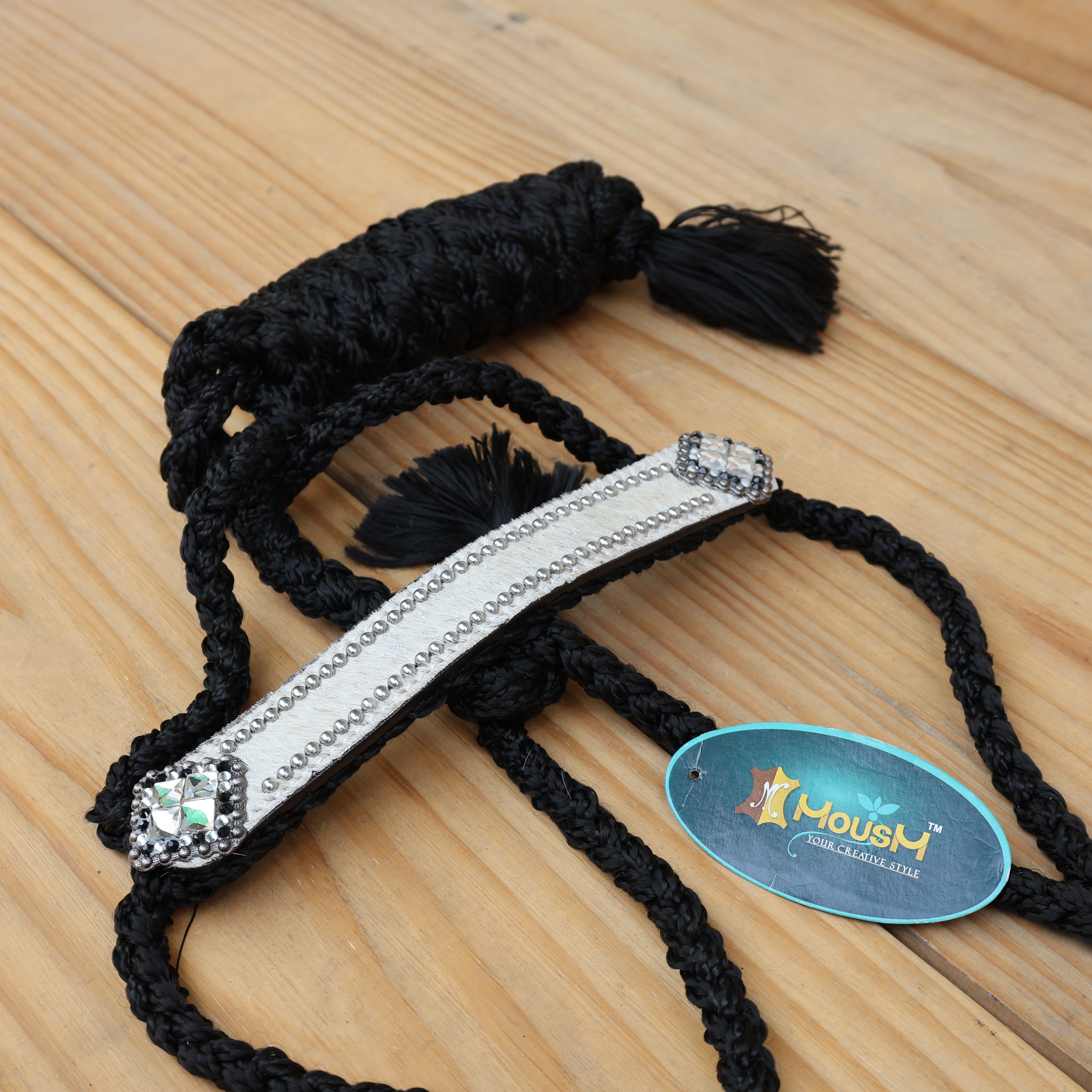 MOUSM Nylon Mule Halter for Horse – Decorated with White Acid Wash Hair on Cowhide Leather Noseband and Crystal Rhinestone Concho, 7.5&