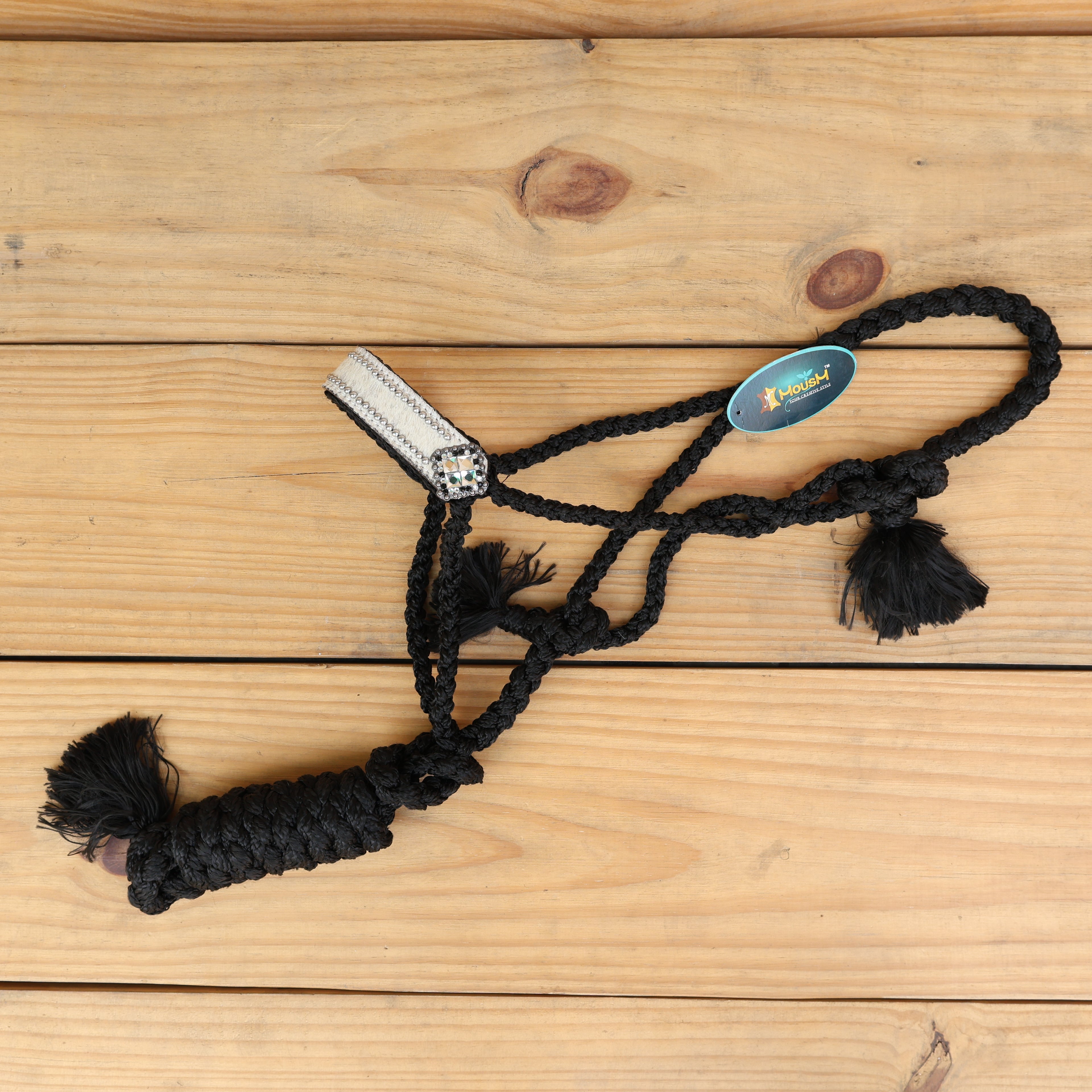 MOUSM Nylon Mule Halter for Horse – Decorated with White Acid Wash Hair on Cowhide Leather Noseband and Crystal Rhinestone Concho, 7.5&