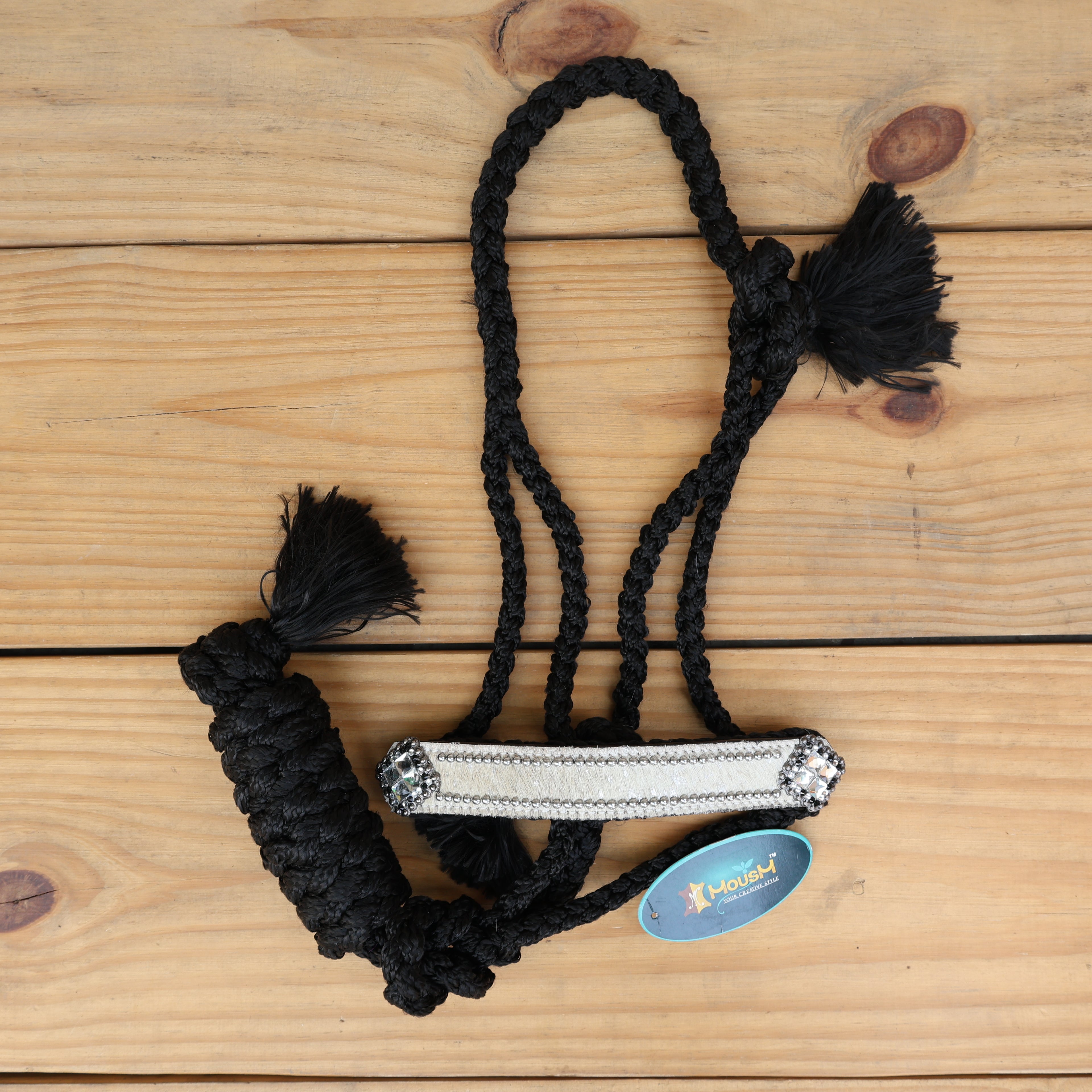 MOUSM Nylon Mule Halter for Horse – Decorated with White Acid Wash Hair on Cowhide Leather Noseband and Crystal Rhinestone Concho, 7.5&