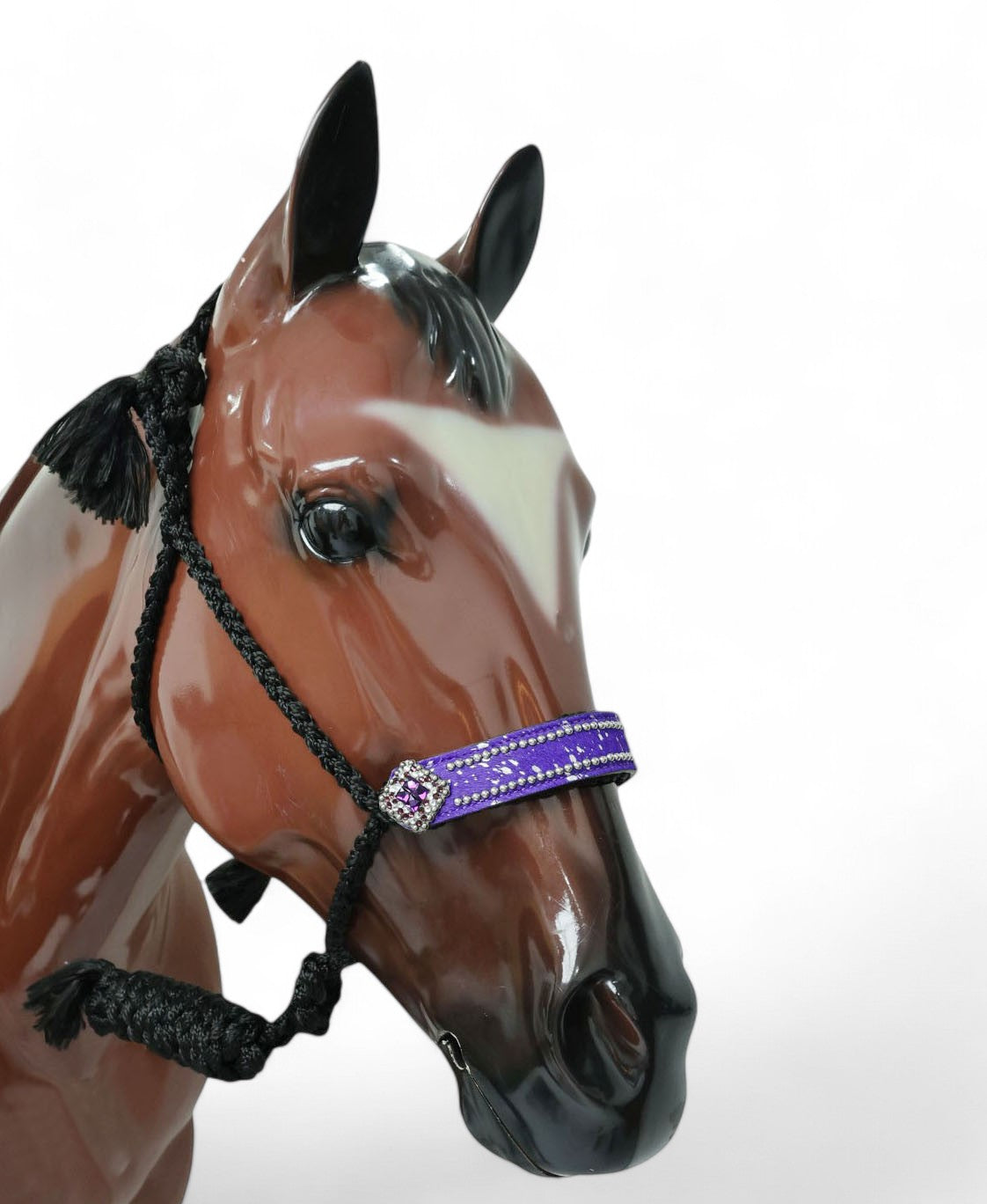 MOUSM Mule Halter for Horse with 1.5" Inches Width Leather Noseband Decorated with Purple Acid Wash Hair on Cowhide Leather and Crystal Rhinestone Concho, 7.5&