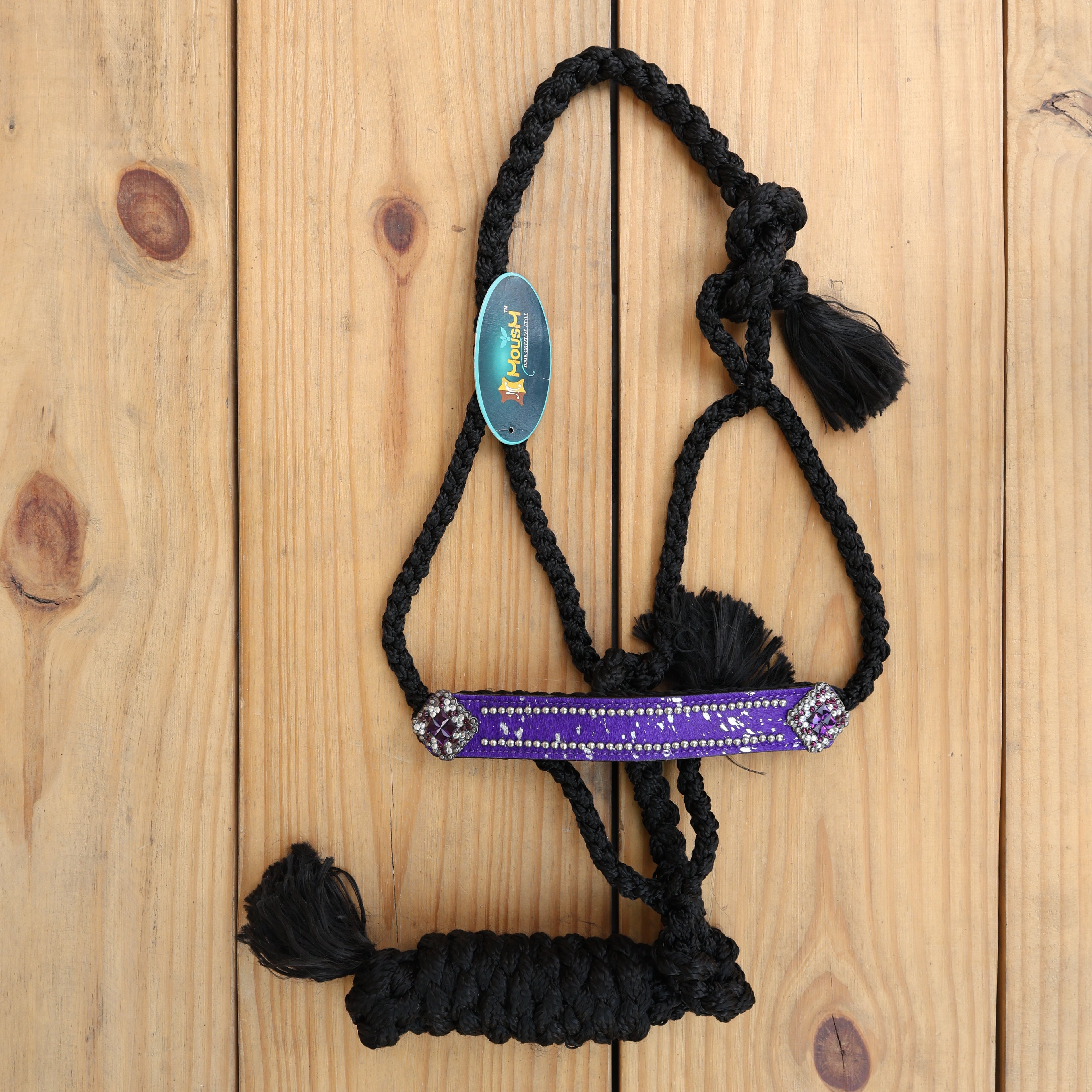 MOUSM Mule Halter for Horse with 1.5" Inches Width Leather Noseband Decorated with Purple Acid Wash Hair on Cowhide Leather and Crystal Rhinestone Concho, 7.5&