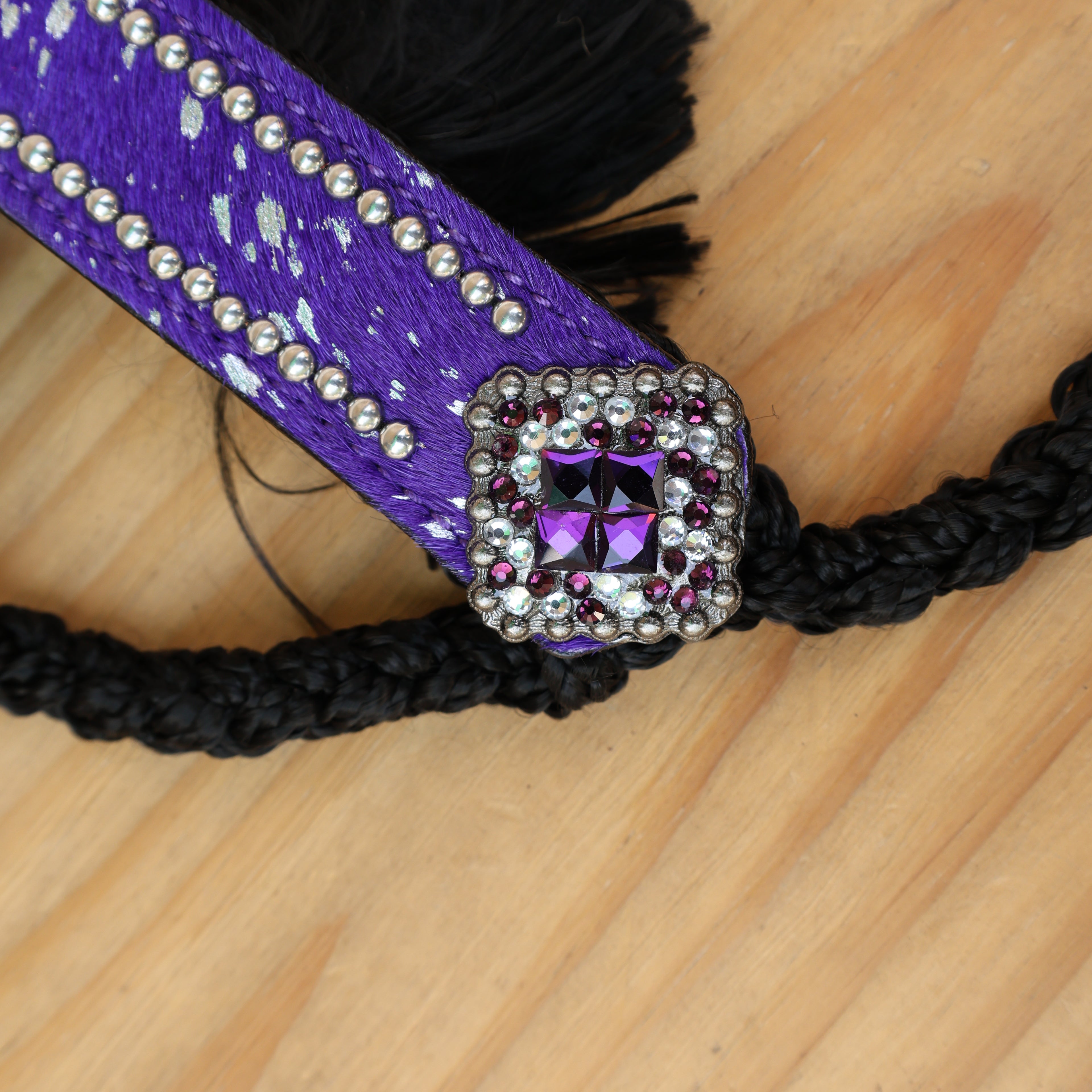 MOUSM Mule Halter for Horse with 1.5" Inches Width Leather Noseband Decorated with Purple Acid Wash Hair on Cowhide Leather and Crystal Rhinestone Concho, 7.5&