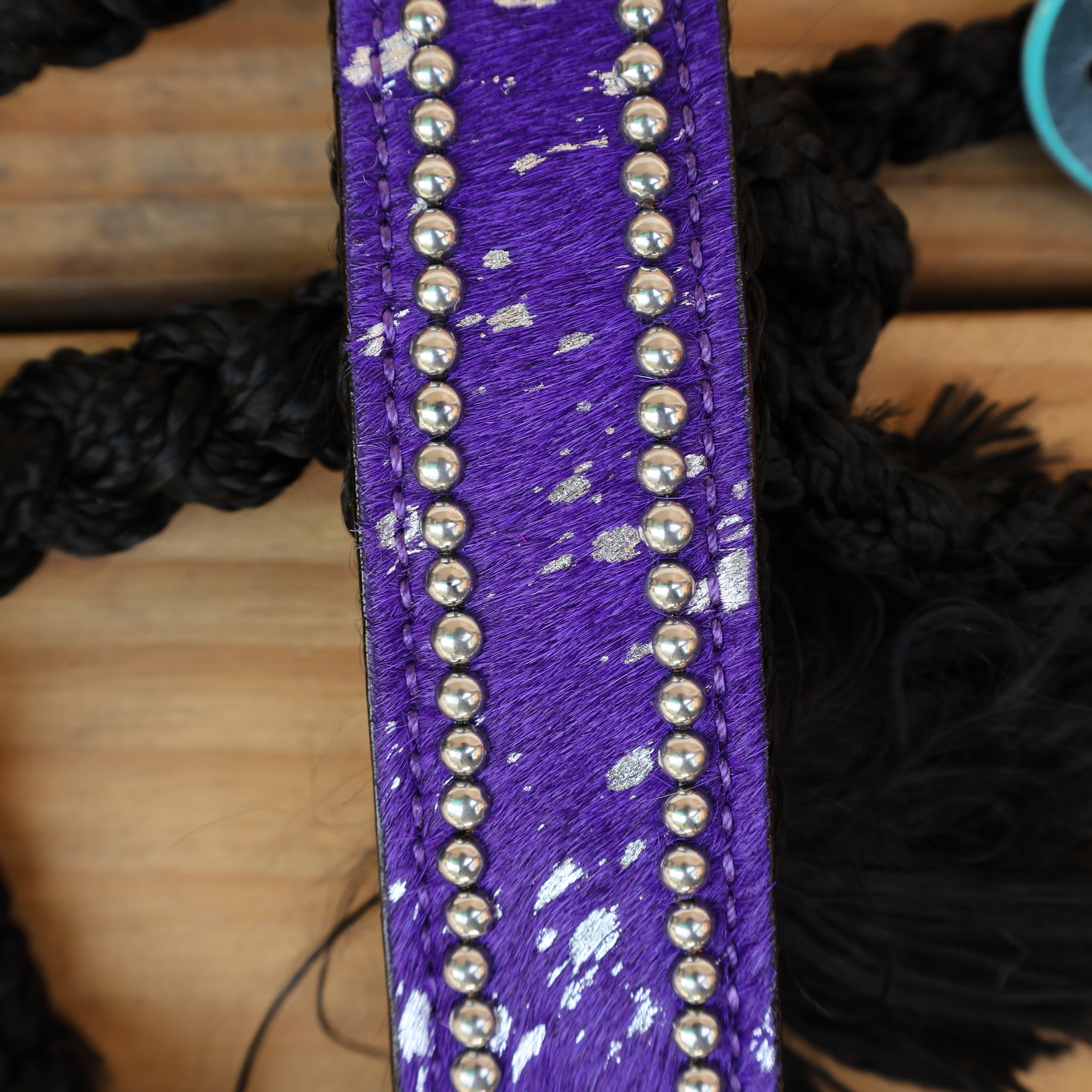 MOUSM Mule Halter for Horse with 1.5" Inches Width Leather Noseband Decorated with Purple Acid Wash Hair on Cowhide Leather and Crystal Rhinestone Concho, 7.5&