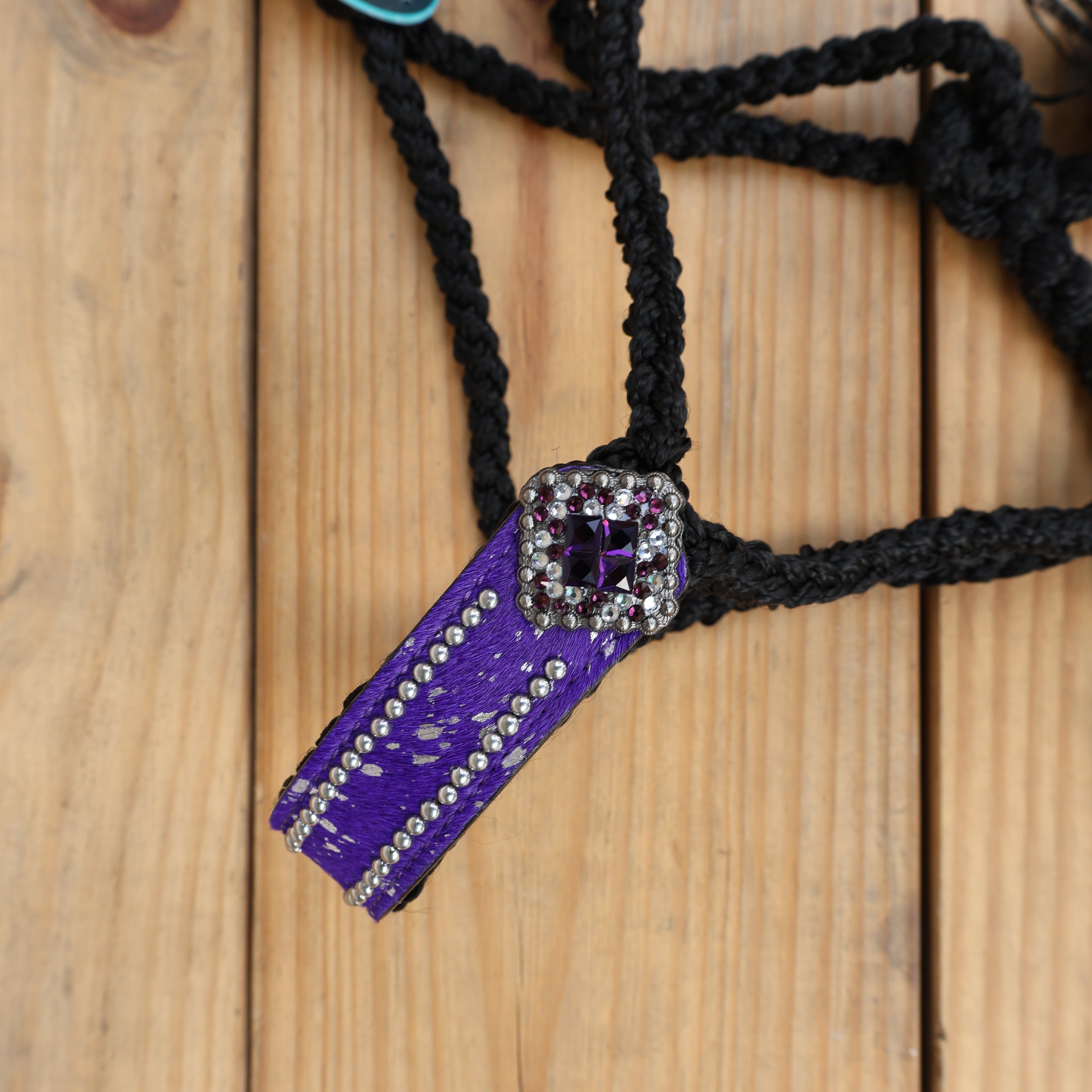 MOUSM Mule Halter for Horse with 1.5" Inches Width Leather Noseband Decorated with Purple Acid Wash Hair on Cowhide Leather and Crystal Rhinestone Concho, 7.5&