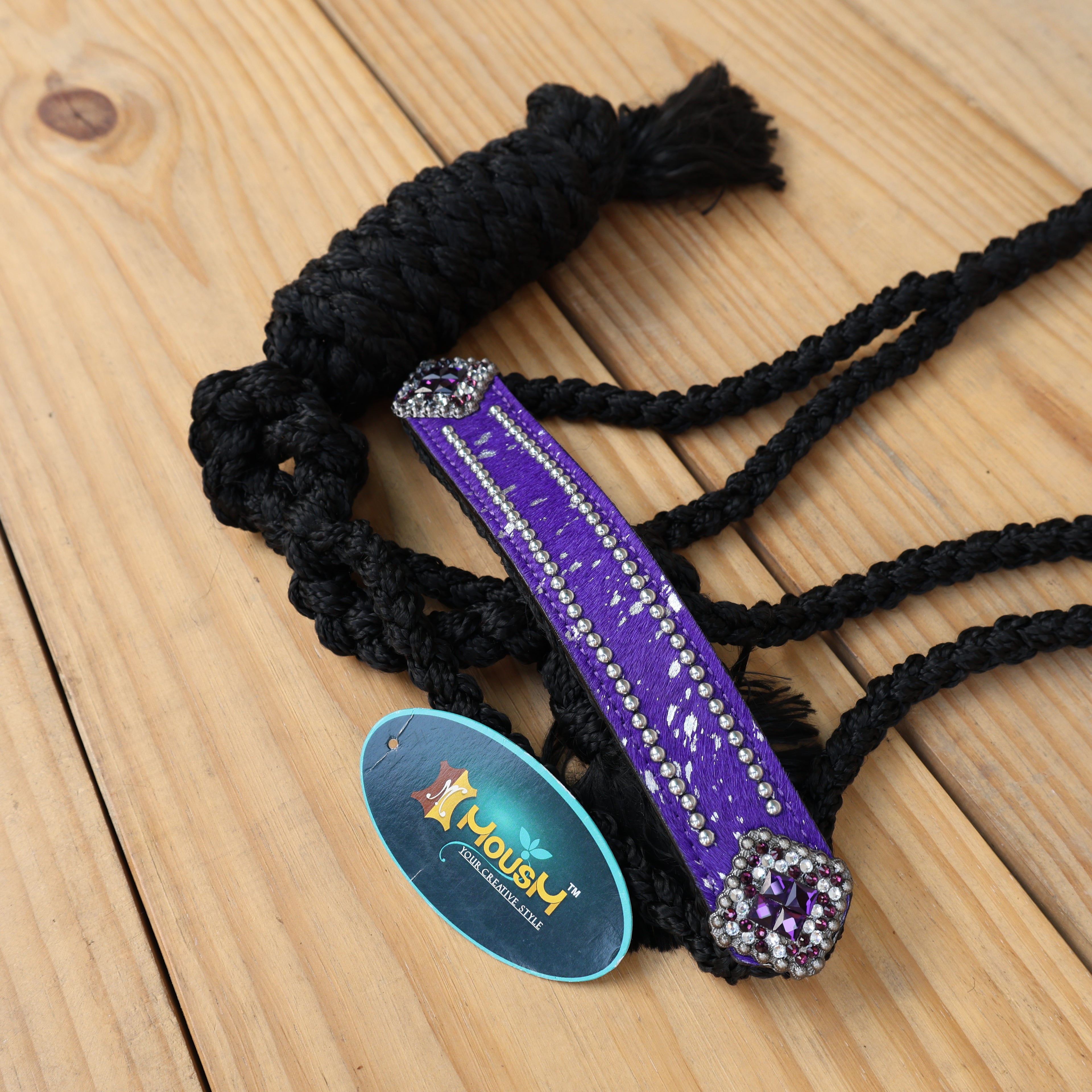 MOUSM Mule Halter for Horse with 1.5" Inches Width Leather Noseband Decorated with Purple Acid Wash Hair on Cowhide Leather and Crystal Rhinestone Concho, 7.5&