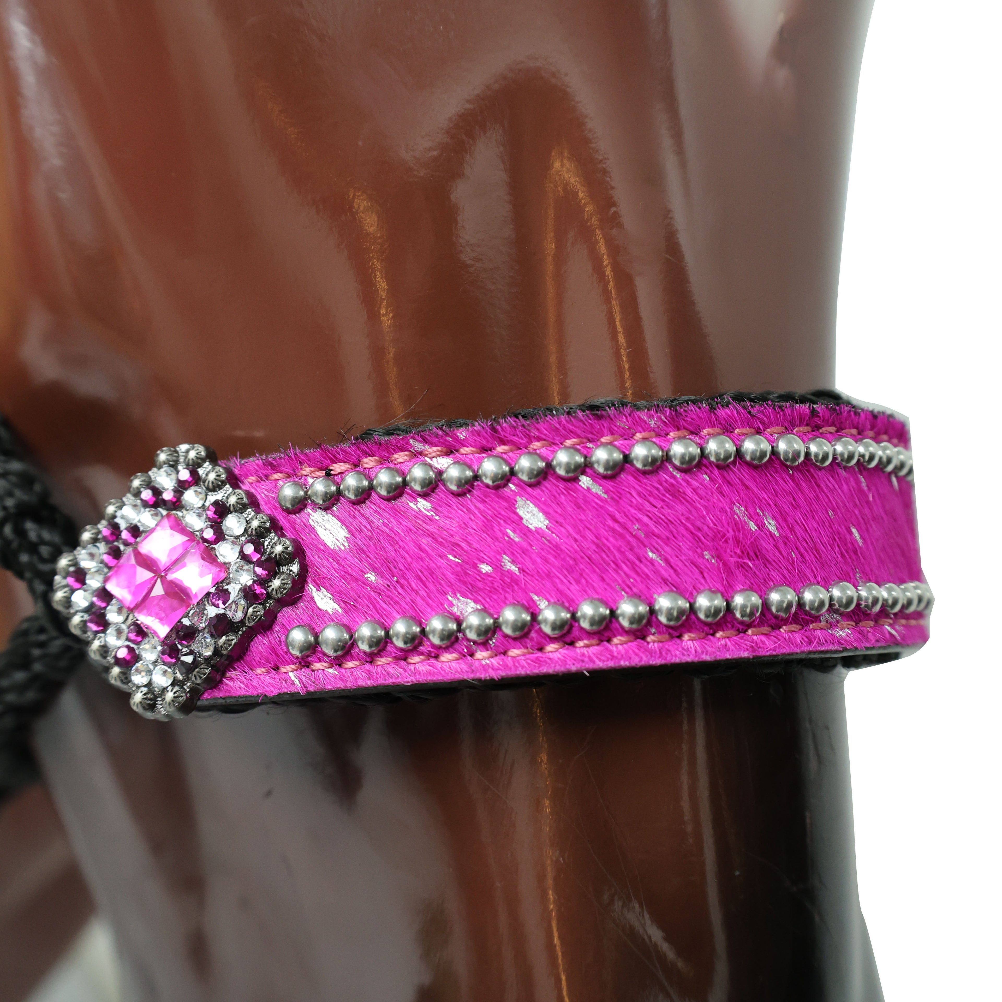 MOUSM Mule Halter for Horse – Decorated with Pink Acid Wash Hair on Cowhide Leather Noseband and Crystal Rhinestone Concho, 7.5&