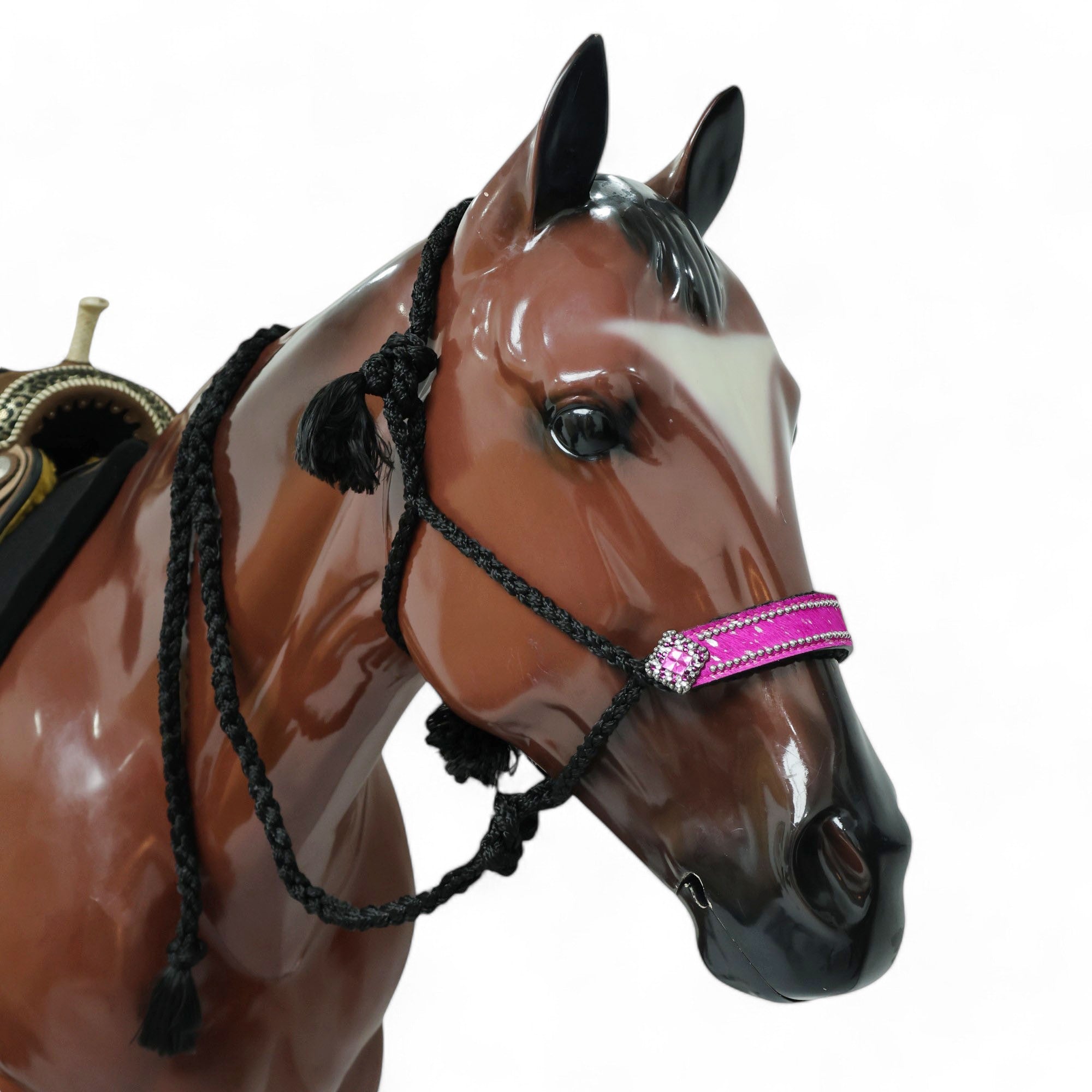 MOUSM Mule Halter for Horse – Decorated with Pink Acid Wash Hair on Cowhide Leather Noseband and Crystal Rhinestone Concho, 7.5&