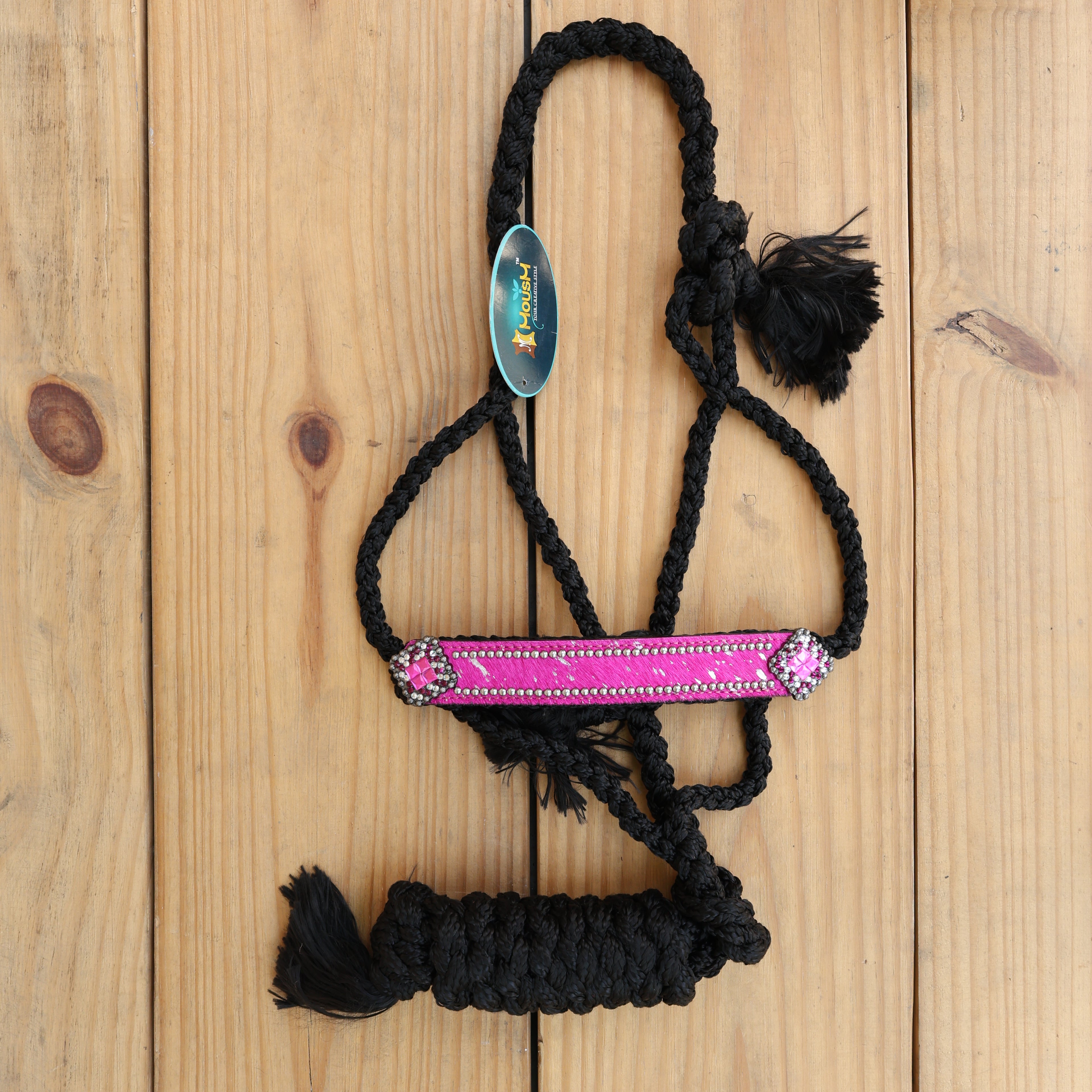 MOUSM Mule Halter for Horse – Decorated with Pink Acid Wash Hair on Cowhide Leather Noseband and Crystal Rhinestone Concho, 7.5&