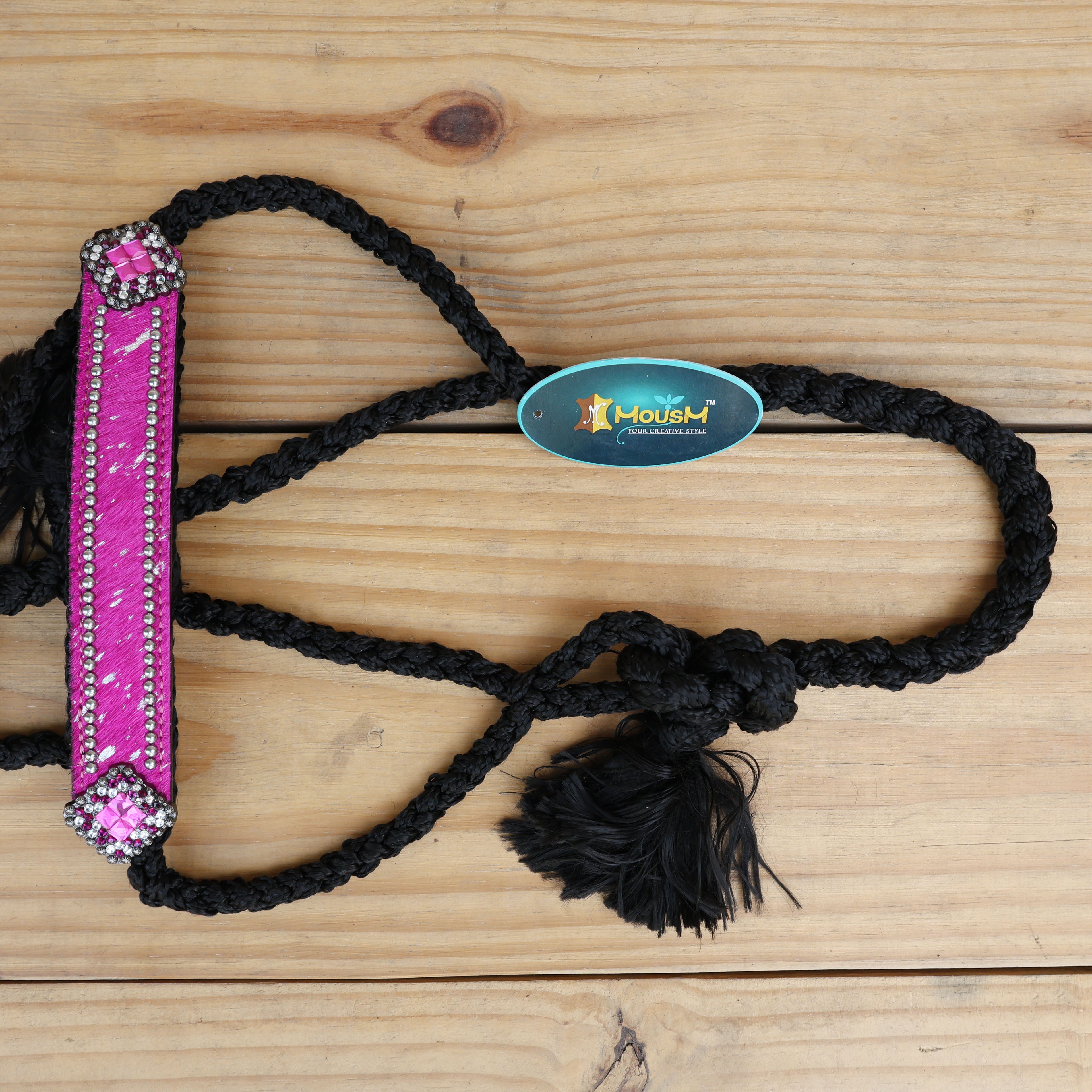 MOUSM Mule Halter for Horse – Decorated with Pink Acid Wash Hair on Cowhide Leather Noseband and Crystal Rhinestone Concho, 7.5&
