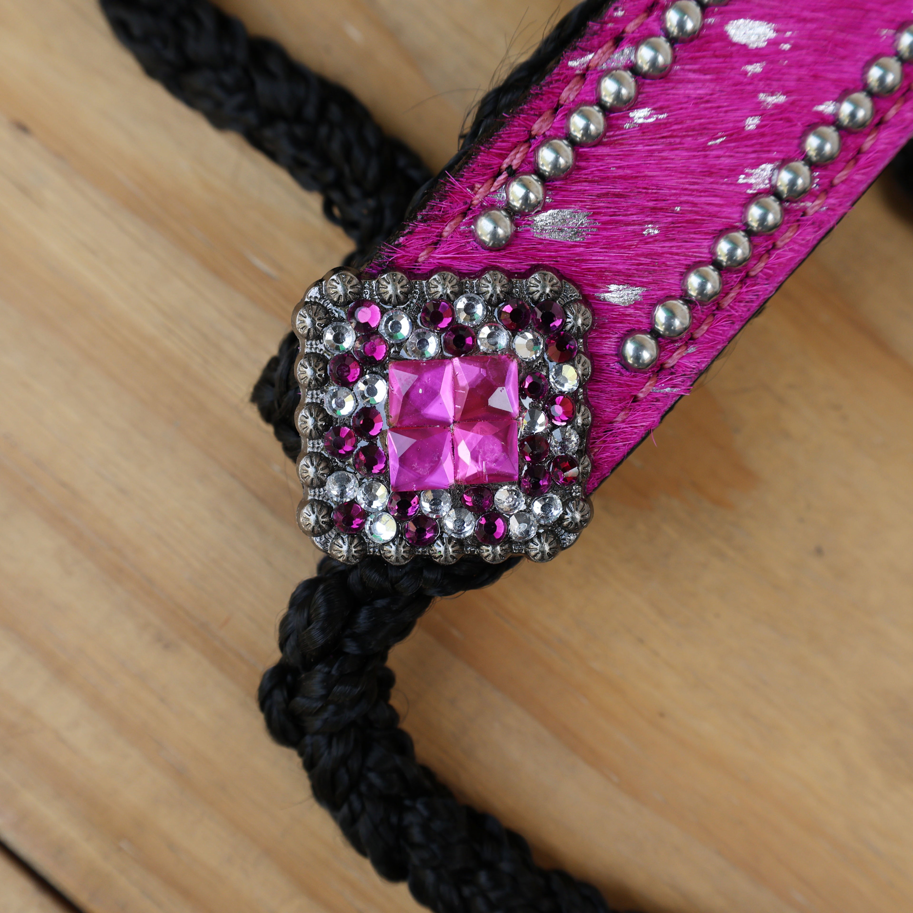 MOUSM Mule Halter for Horse – Decorated with Pink Acid Wash Hair on Cowhide Leather Noseband and Crystal Rhinestone Concho, 7.5&