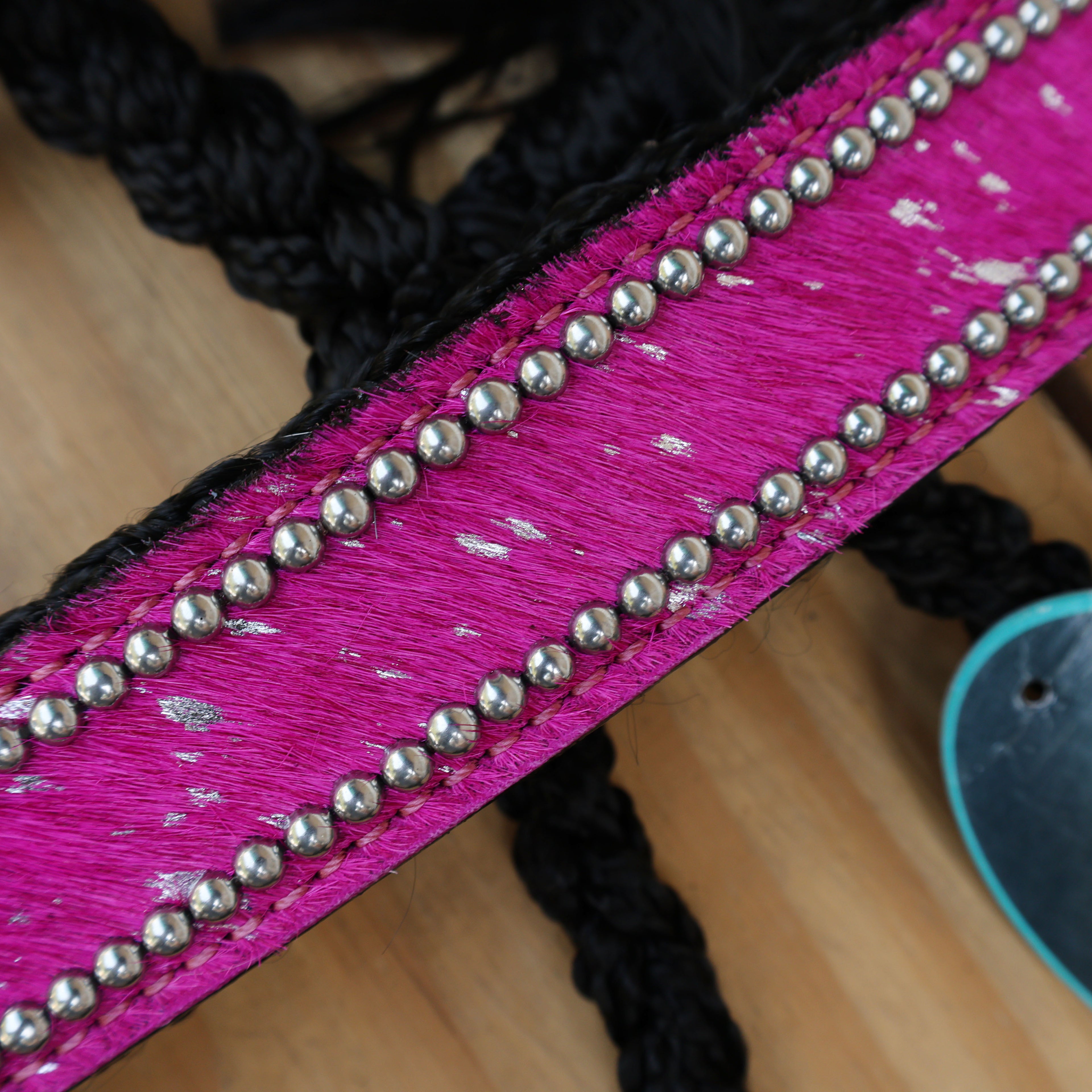 MOUSM Mule Halter for Horse – Decorated with Pink Acid Wash Hair on Cowhide Leather Noseband and Crystal Rhinestone Concho, 7.5&