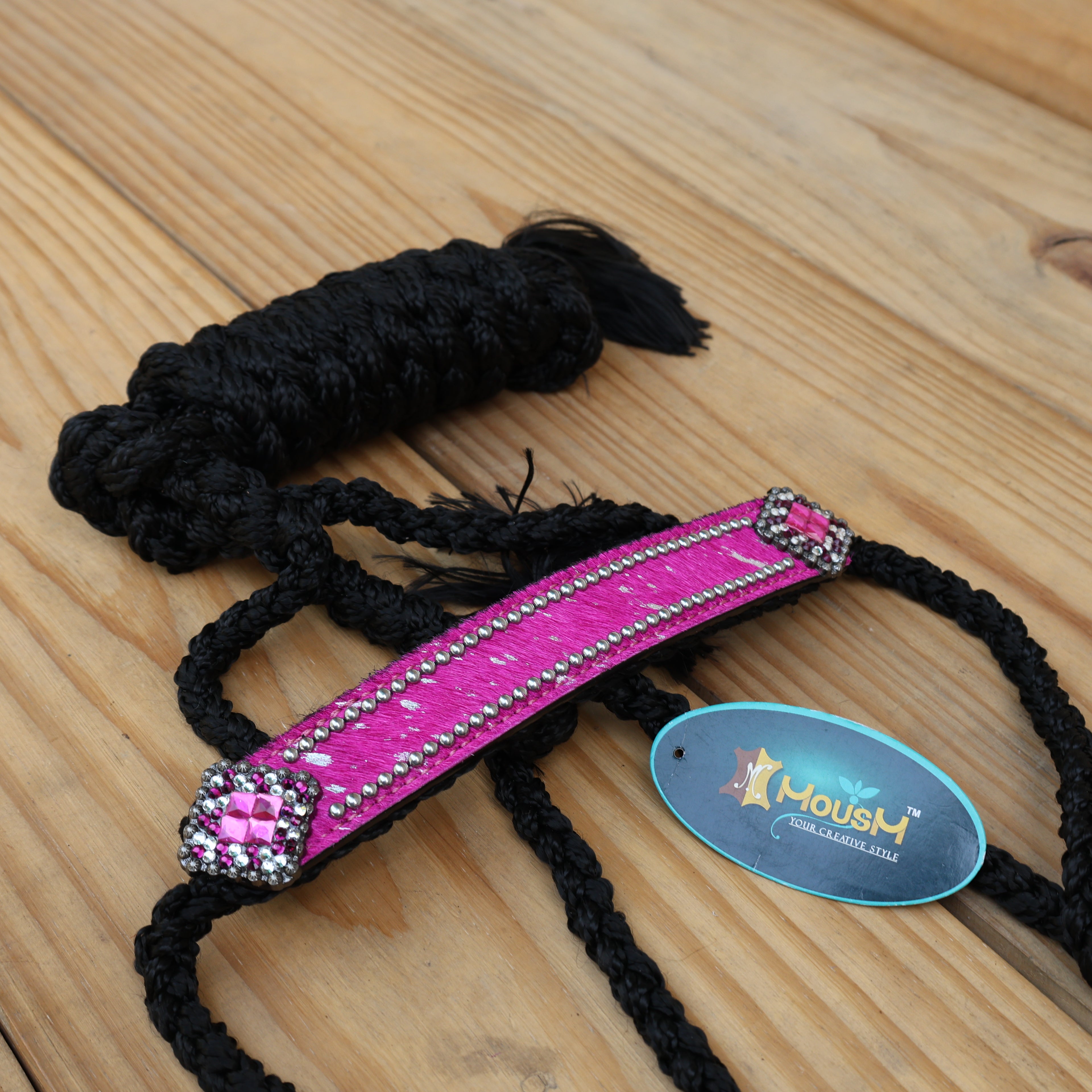 MOUSM Mule Halter for Horse – Decorated with Pink Acid Wash Hair on Cowhide Leather Noseband and Crystal Rhinestone Concho, 7.5&