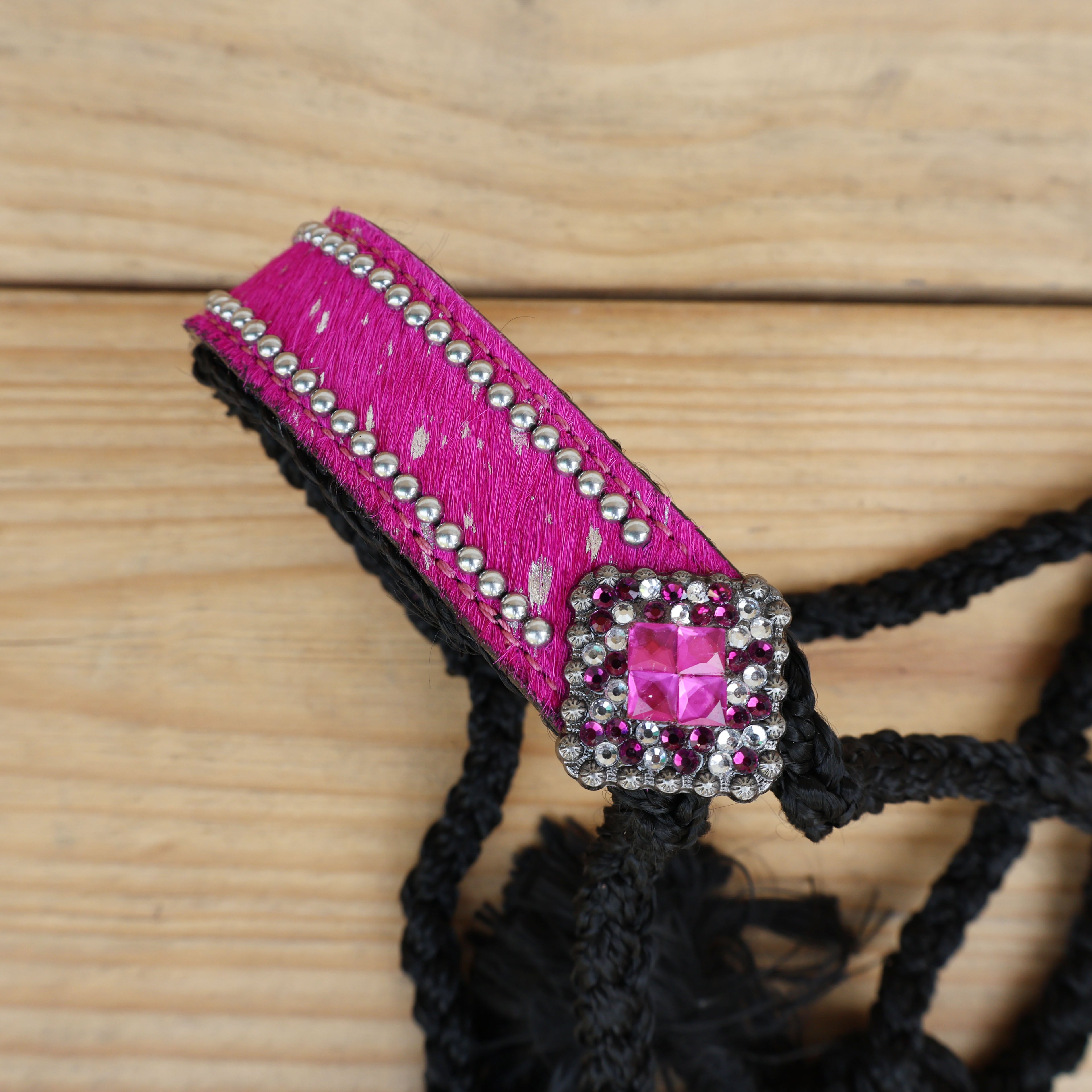 MOUSM Mule Halter for Horse – Decorated with Pink Acid Wash Hair on Cowhide Leather Noseband and Crystal Rhinestone Concho, 7.5&