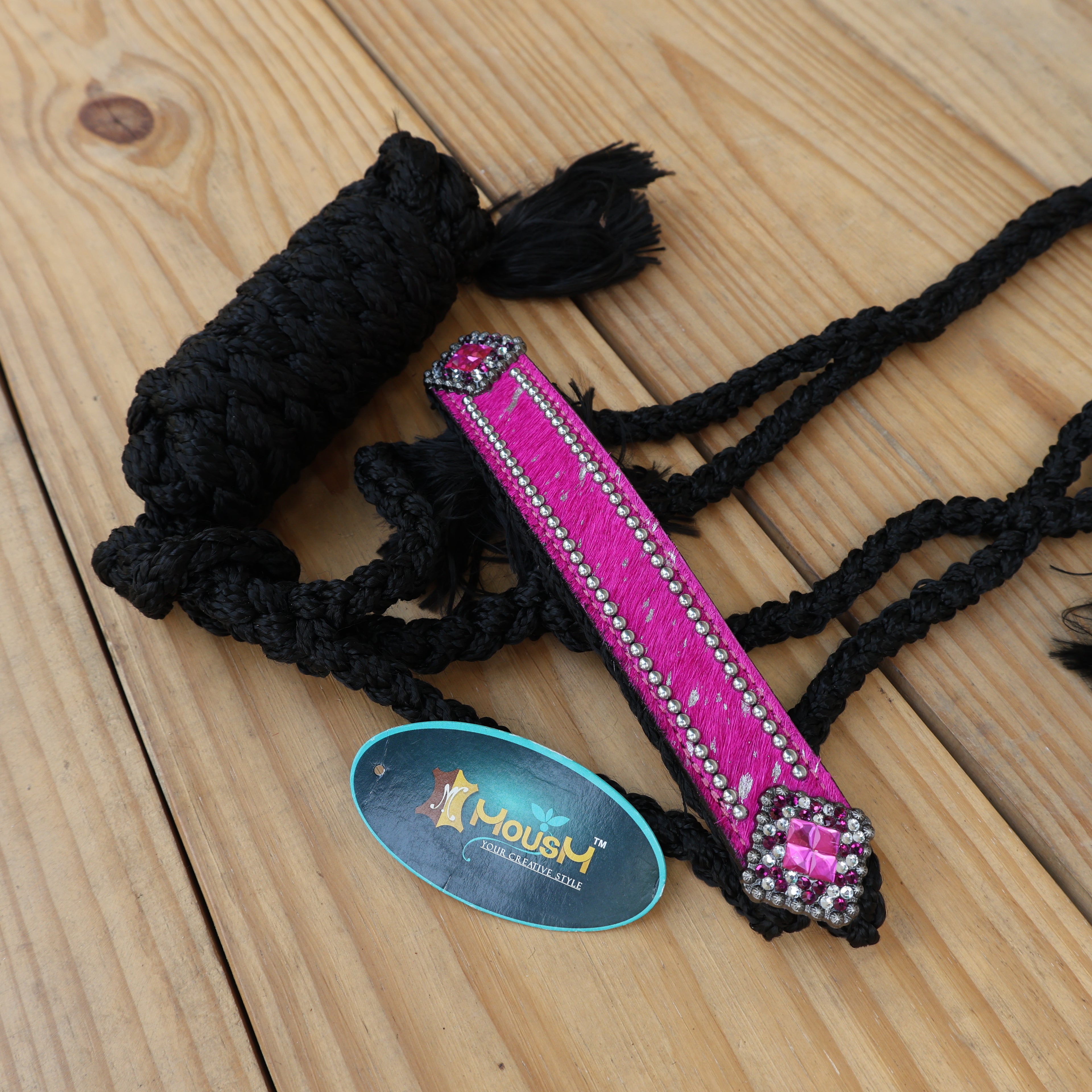 MOUSM Mule Halter for Horse – Decorated with Pink Acid Wash Hair on Cowhide Leather Noseband and Crystal Rhinestone Concho, 7.5&