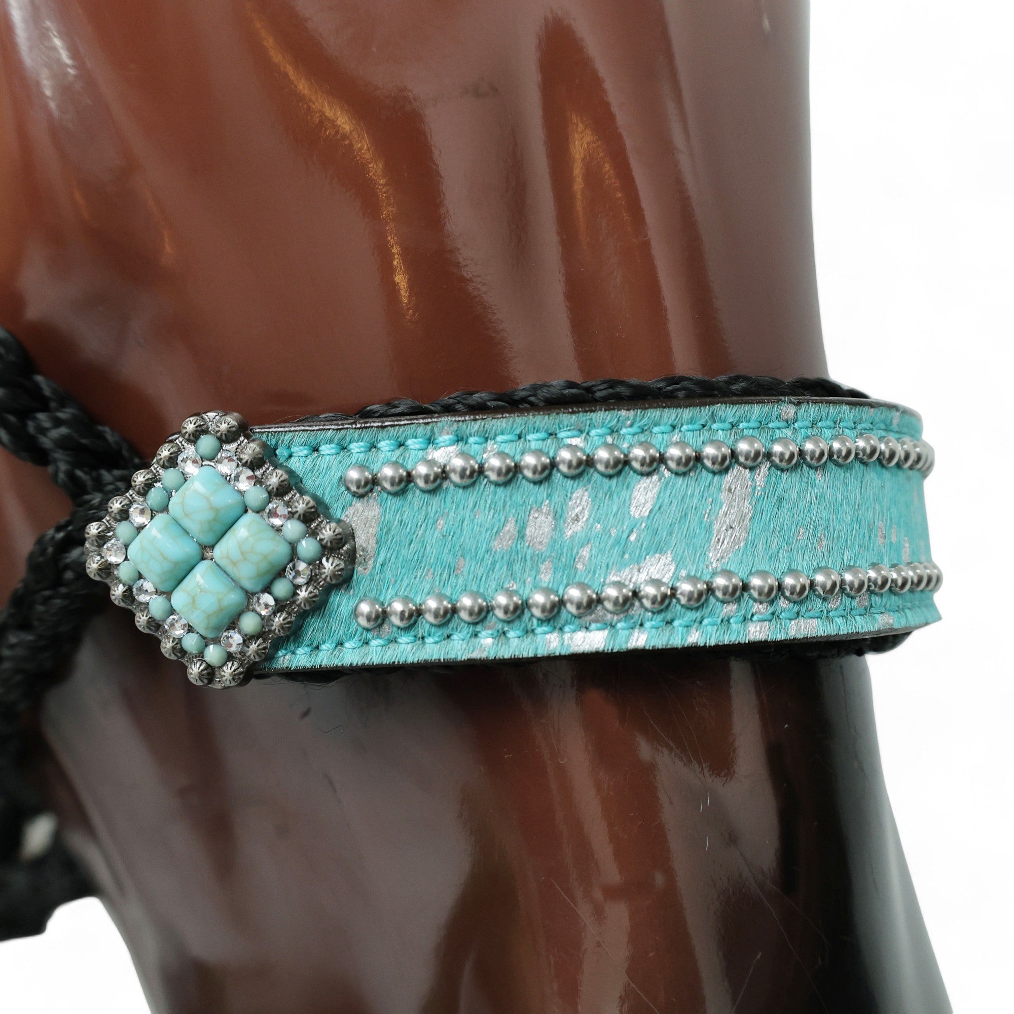 MOUSM Mule Halter for Horse – 1.5" Inches Wide Leather Noseband Decorated with Turquoise Acid Wash Hair on Cowhide and Crystal Rhinestone Concho, 7.5&